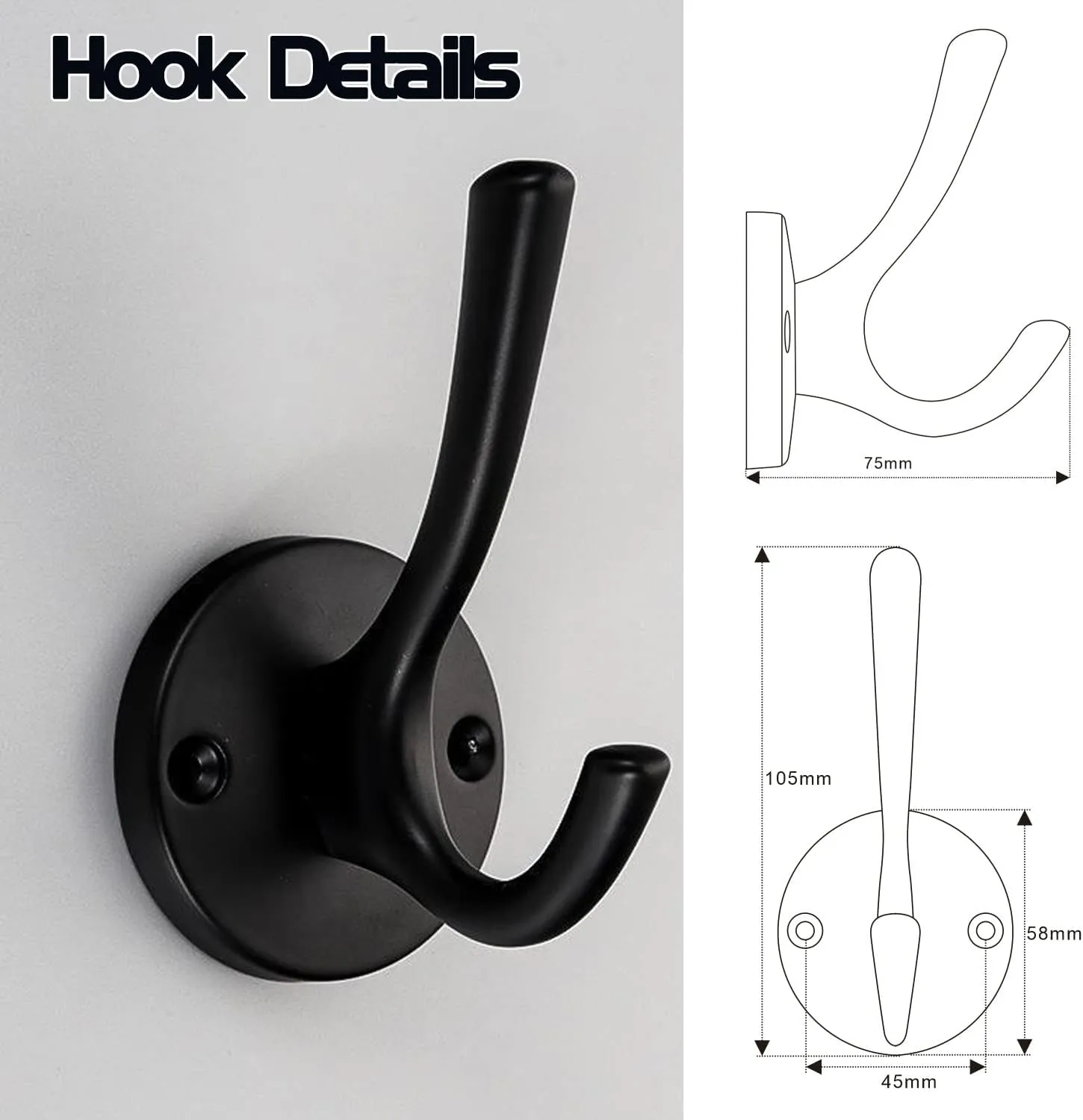 𝑪𝒐𝒂𝒕 𝑯𝒐𝒐𝒌𝒔 Wall Hooks 4 Pcs Towel Hook Heavy Duty Thick Bath Robe Hooks Wall Mount Hooks for Bathroom Kitchen Hotel Bearing 25kg (Black)