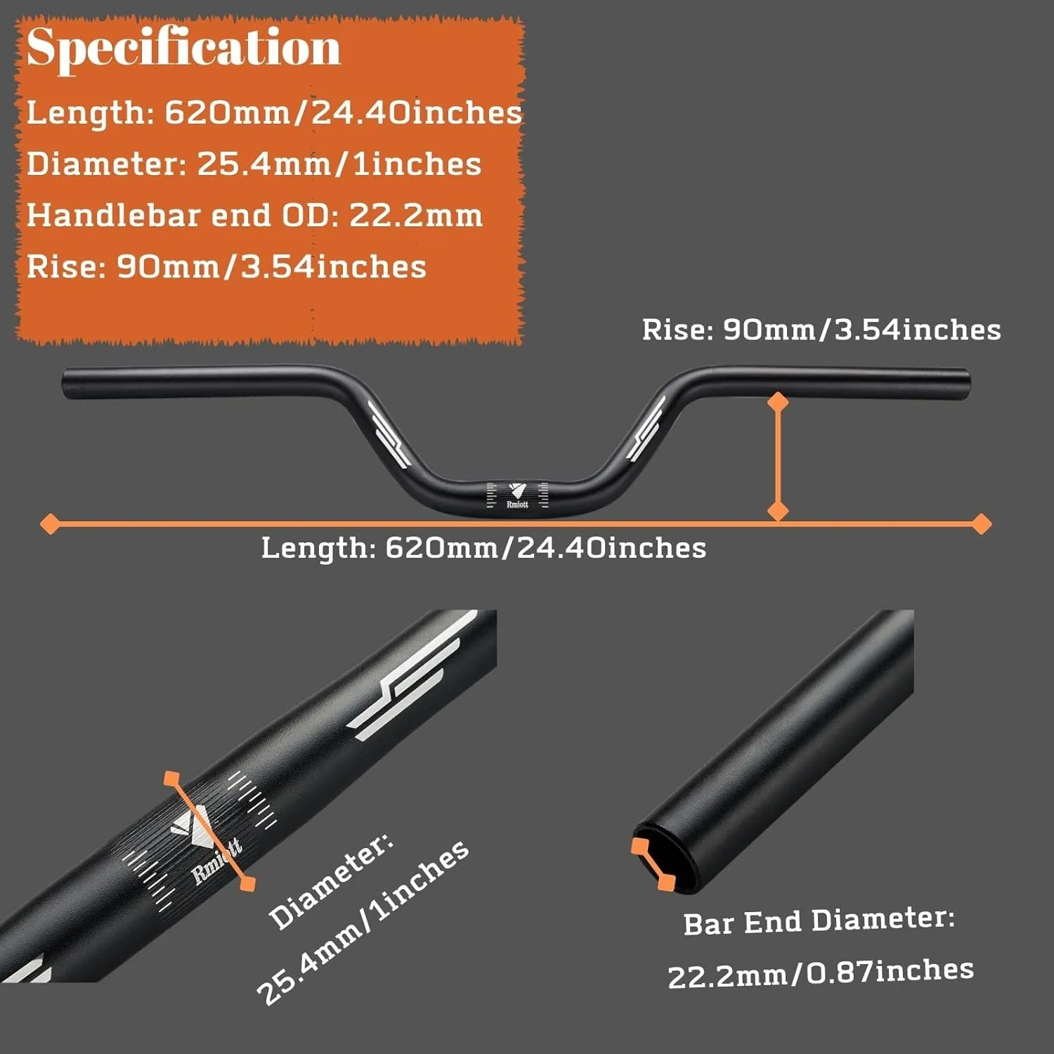 1 inch Rise 90mm Mountain Bike Handlebars Length 24.40inches/620mm Aluminum -Just Fits 25.4mm Stems- Rise 90mm Black
