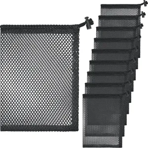 10 Pcs Mesh Drawstring Bag 6" x 8" with Cord Lock Closure, Durable Mesh Bag for Laundry Travel Beach Toys Seashell Collecting (Black)