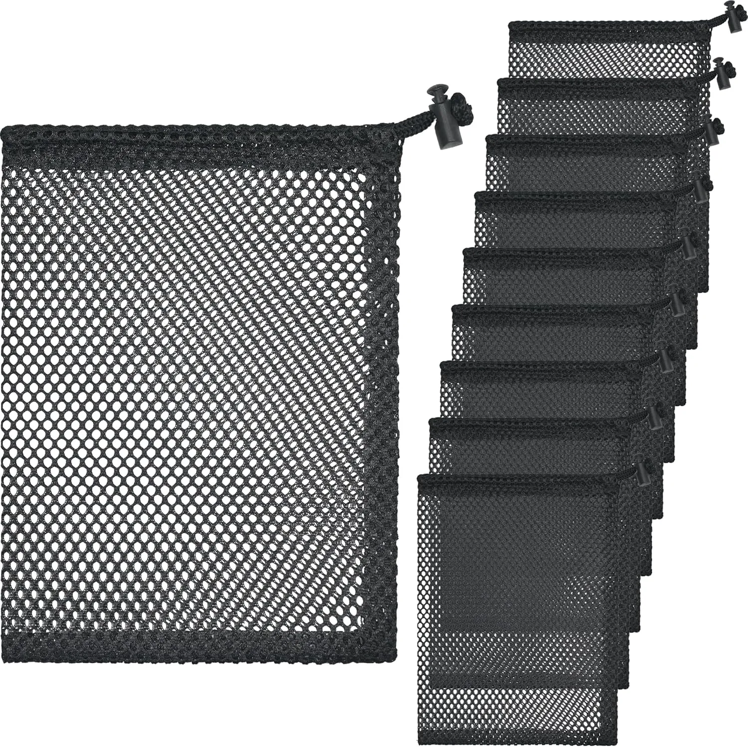 10 Pcs Mesh Drawstring Bag 6" x 8" with Cord Lock Closure, Durable Mesh Bag for Laundry Travel Beach Toys Seashell Collecting (Black)