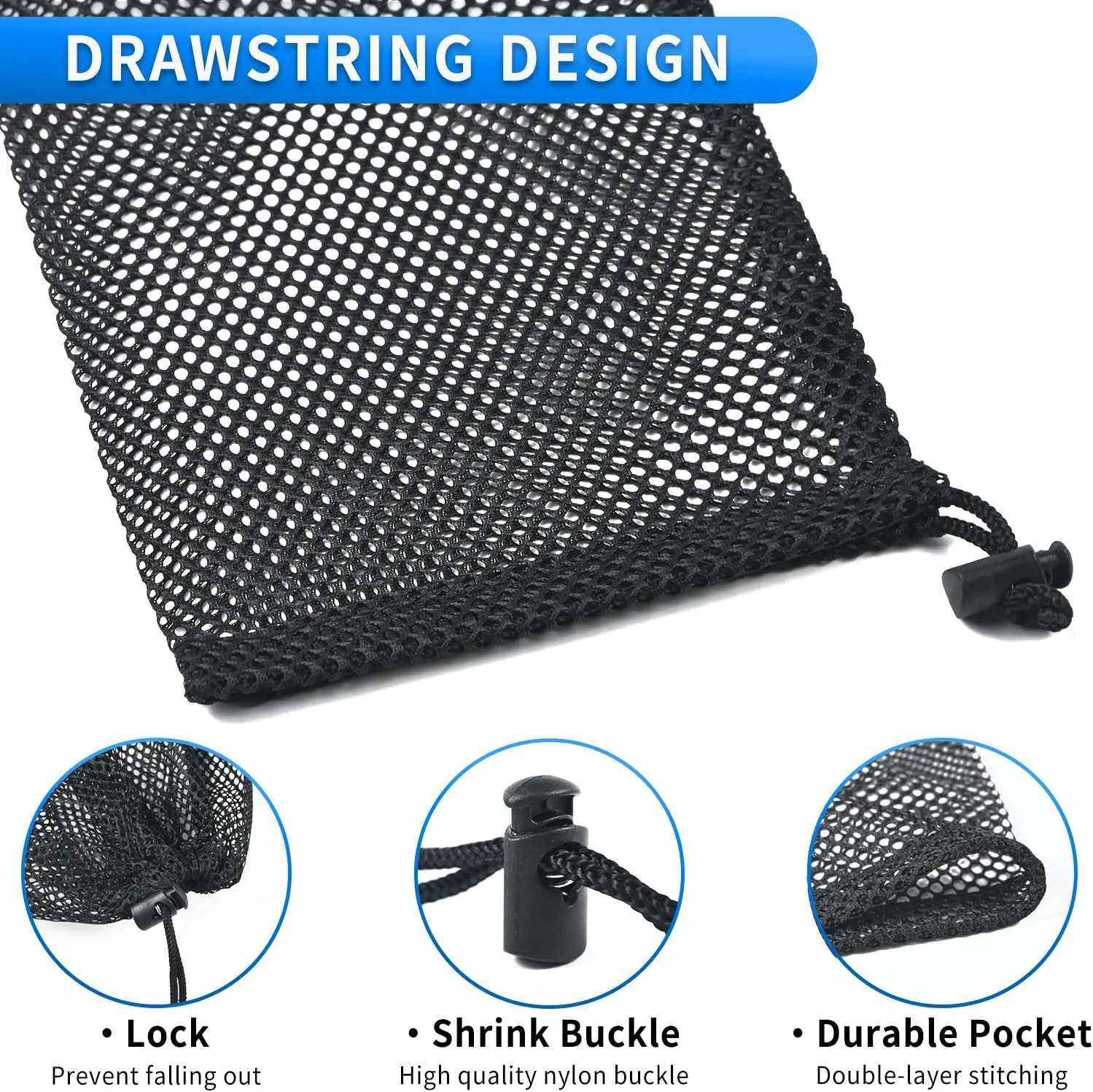 10 Pcs Mesh Drawstring Bag 6" x 8" with Cord Lock Closure, Durable Mesh Bag for Laundry Travel Beach Toys Seashell Collecting (Black)