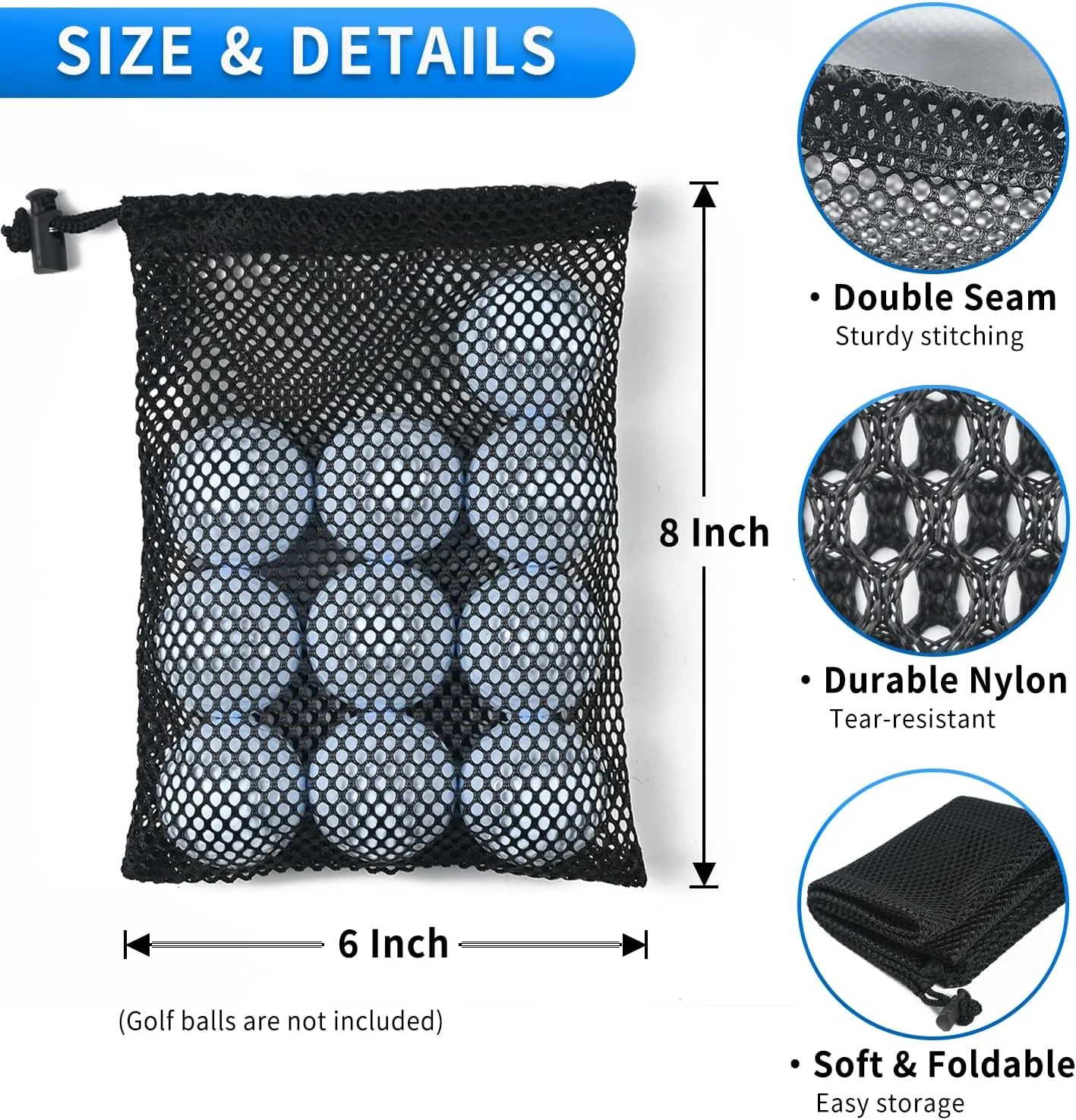 10 Pcs Mesh Drawstring Bag 6" x 8" with Cord Lock Closure, Durable Mesh Bag for Laundry Travel Beach Toys Seashell Collecting (Black)