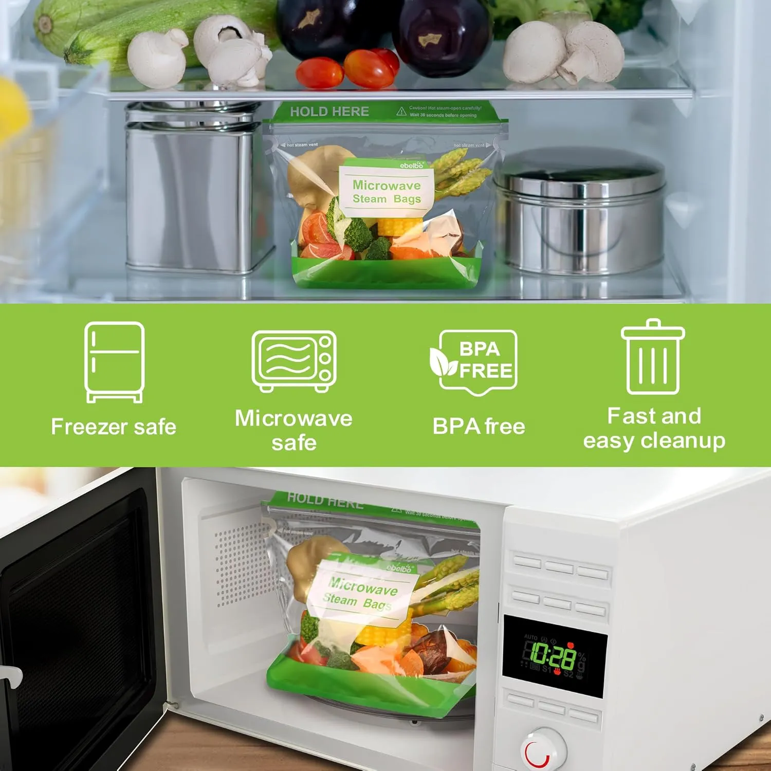 100 Count Microwave Steam Bags 8.8"x5.8" for Cooking and Steaming Standing Type Disposable Food Steamer Bags for Vegetables Potatoes Fish and Poultry
