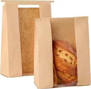 100 PCS Tin Tie Tab Lock Large Paper Bread Bags for Homemade bread Sourdough, Loaf, Bagels, Bakery Bags with Window and Thank You Stickers (13.7x8.2x3.5 Inch)