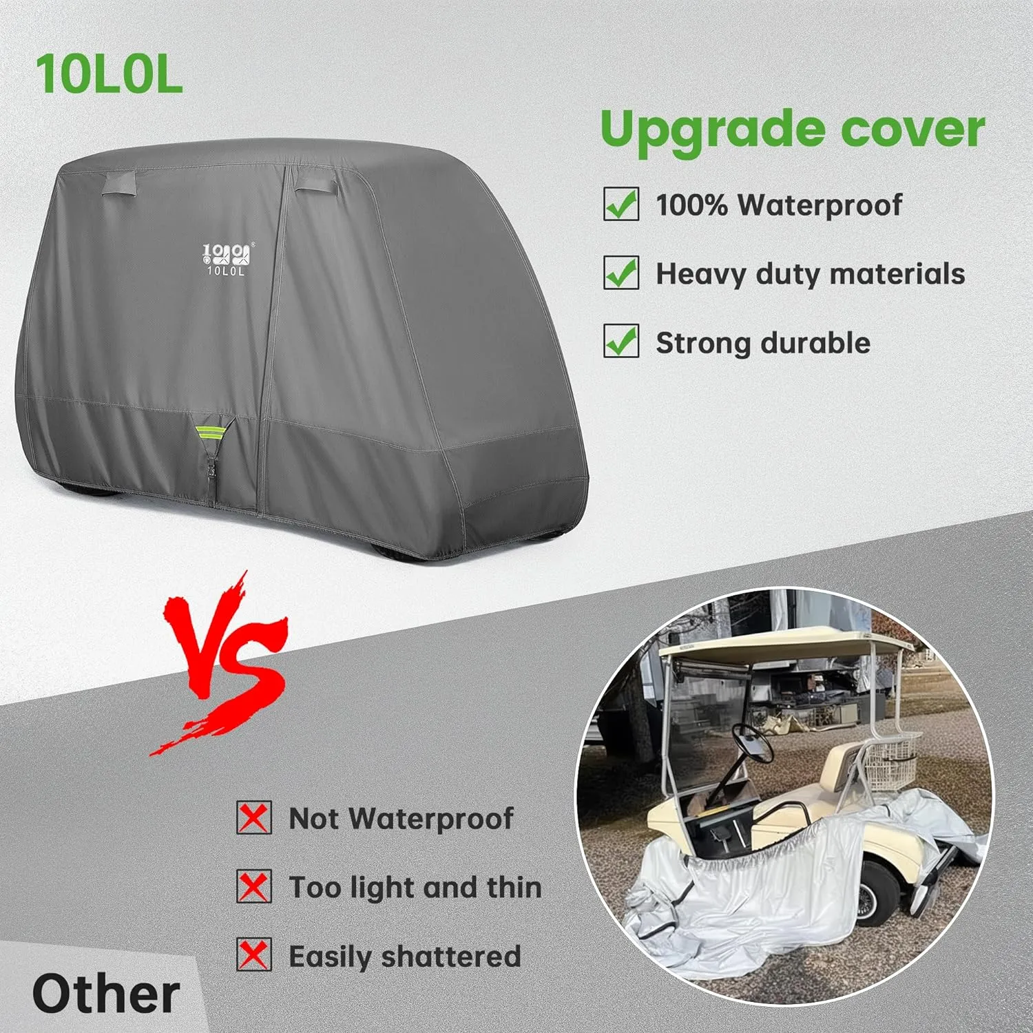 10L0L 2/4/4 2 Passenger Golf Cart Cover Upgrade Extended Roof, 600D Waterproof Snowproof Windproof Sunproof Durable Full Golf Cart Covers for Yamaha,EZGO,Club Car and Other