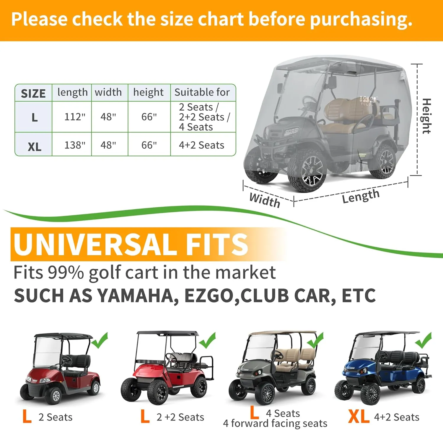 10L0L 2/4/4 2 Passenger Golf Cart Cover Upgrade Extended Roof, 600D Waterproof Snowproof Windproof Sunproof Durable Full Golf Cart Covers for Yamaha,EZGO,Club Car and Other