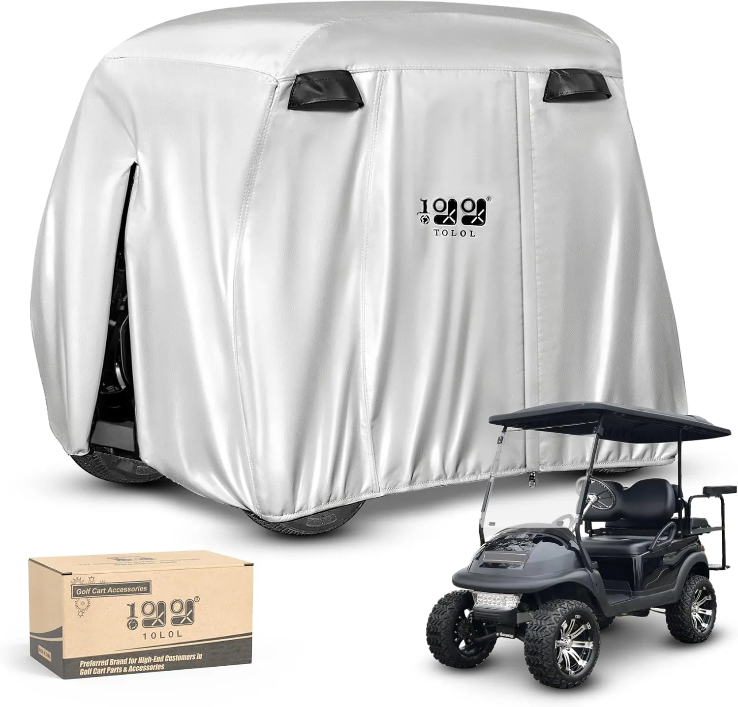 10L0L 4 Passenger Golf Cart Cover for Yamaha EZGO Club Car, 400D Polyester All-Weather Waterproof Golf Cart Storage Cover with Three Zipper Doors-Silver