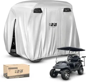 10L0L 4 Passenger Golf Cart Cover for Yamaha EZGO Club Car, 400D Polyester All-Weather Waterproof Golf Cart Storage Cover with Three Zipper Doors-Silver
