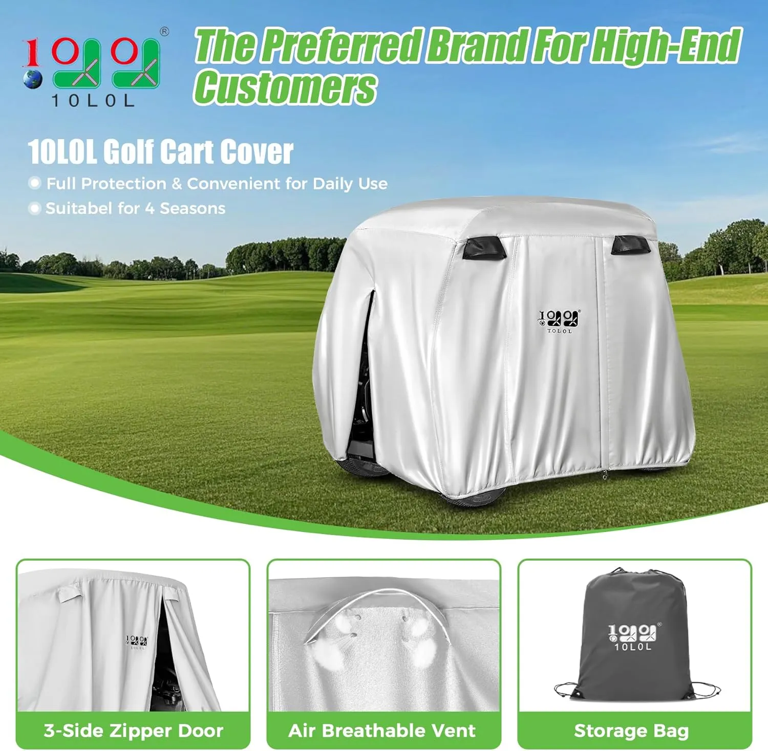 10L0L 4 Passenger Golf Cart Cover for Yamaha EZGO Club Car, 400D Polyester All-Weather Waterproof Golf Cart Storage Cover with Three Zipper Doors-Silver