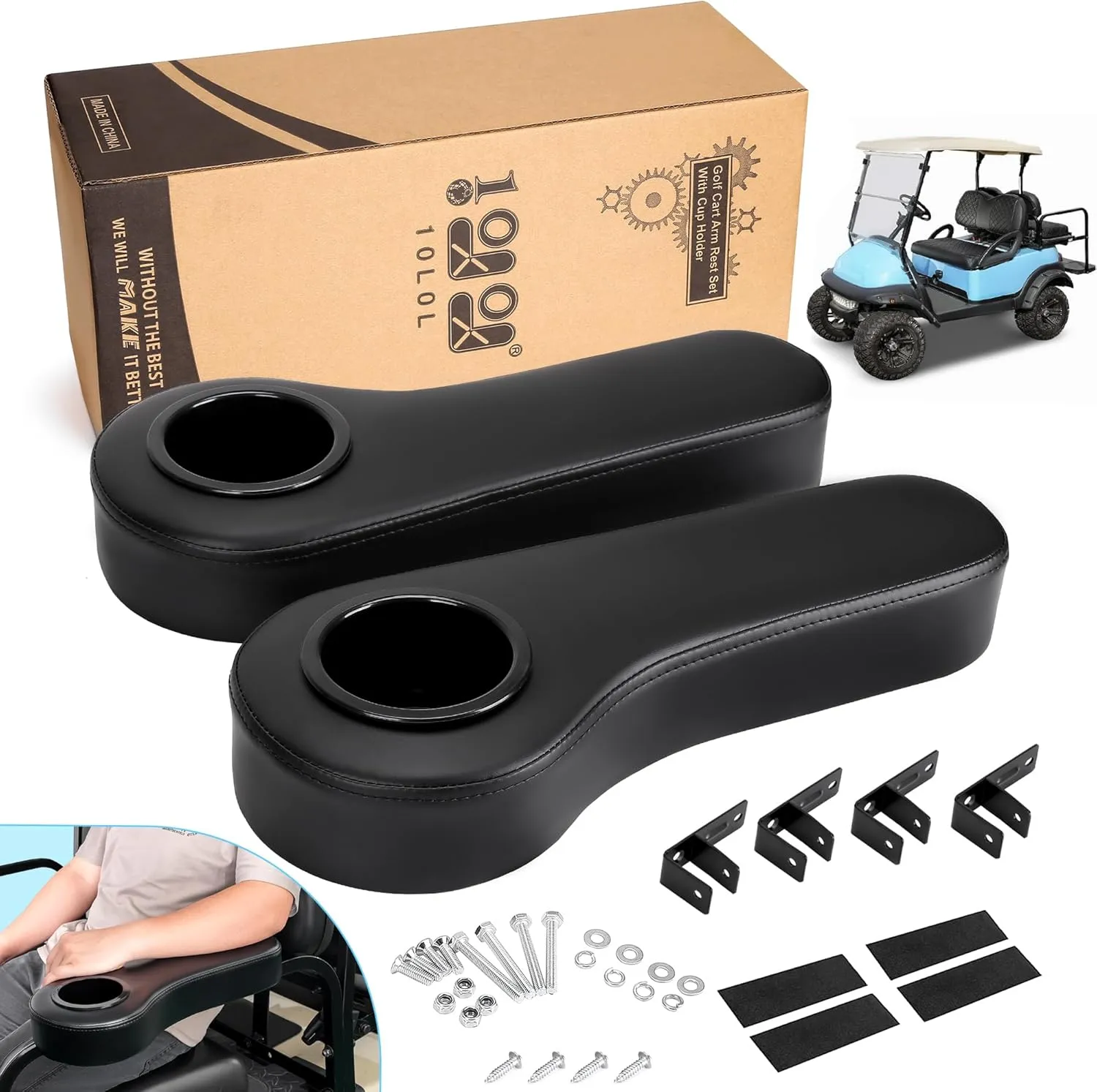 10L0L Golf Cart Rear Seat Kit Arm Rest Set with Cup Holder for Yamaha EZGO Club Car Golf Cart UV-Proof Coating Long Lasting, No Drilling Kits Include