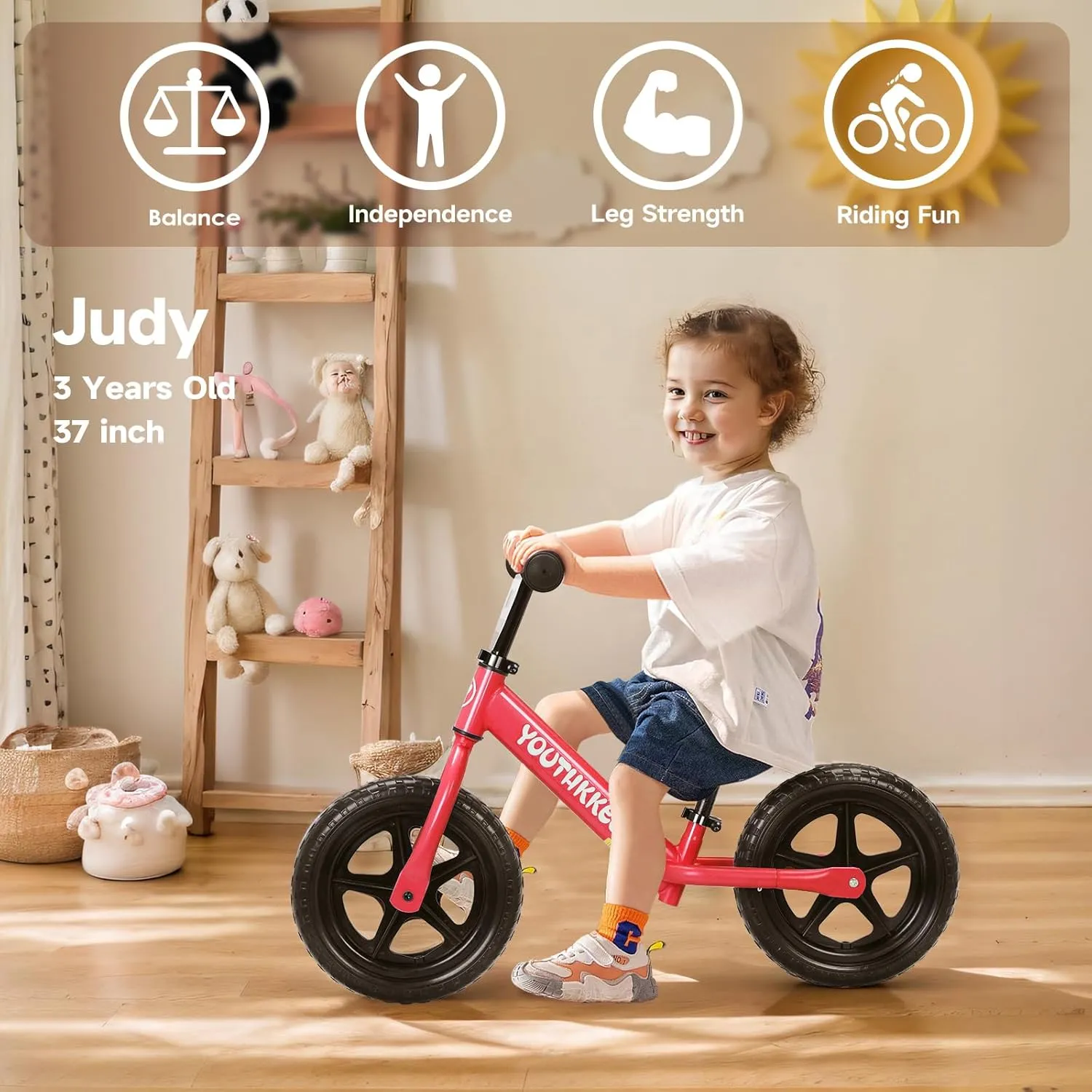 12 Inch Toddler Balance Bike for 2-5 Year Olds, No-Pedal Bike with Tool-Free Adjustable Seat, Quick Assembly, Gift for 2-3 Year Old Boys & Girls with Customizable Plate