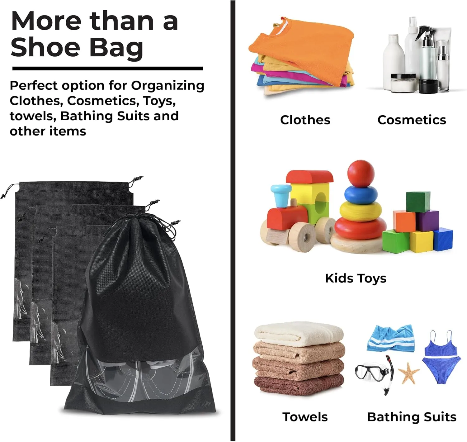 12 PCs Shoe Bags for Travel, Packing, Storage, Organizing & Suitcase. Reusable Dustproof & Water Resistant Sneakers Pouch Protectors with Clear Window & Drawstring. Laundry & Toys (Sand, Gray & Black)