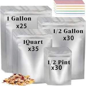 120 Pcs Mylar Bags for Food Storage, 4 Sizes (1 Gallon, 1/2 Gallon, 1 Quart, 1/2 Pint), Stand-Up Zipper Resealable & Heat Sealable for Long Term Food Storage Bags & 120 Pcs Labels