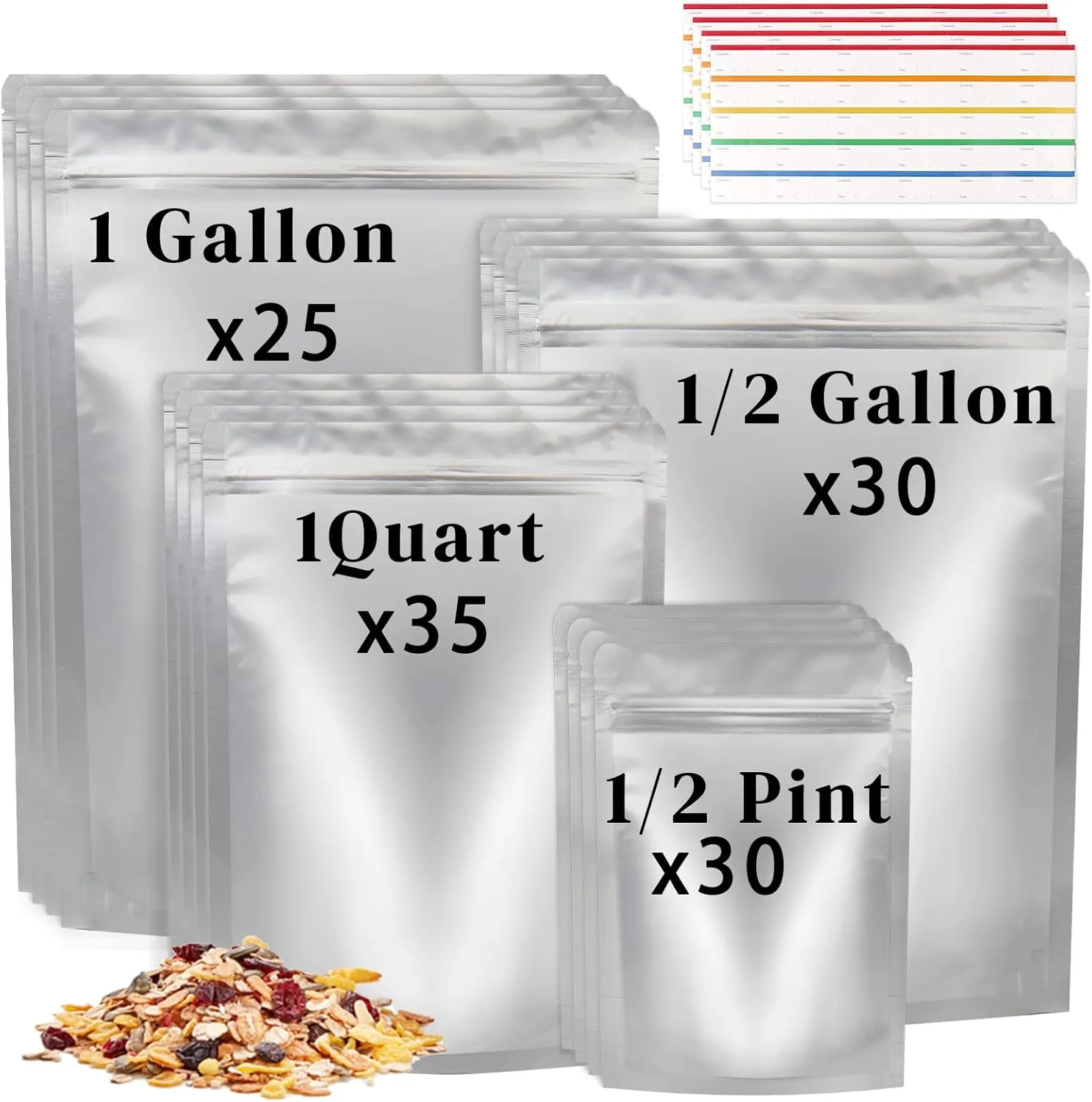 120 Pcs Mylar Bags for Food Storage, 4 Sizes (1 Gallon, 1/2 Gallon, 1 Quart, 1/2 Pint), Stand-Up Zipper Resealable & Heat Sealable for Long Term Food Storage Bags & 120 Pcs Labels