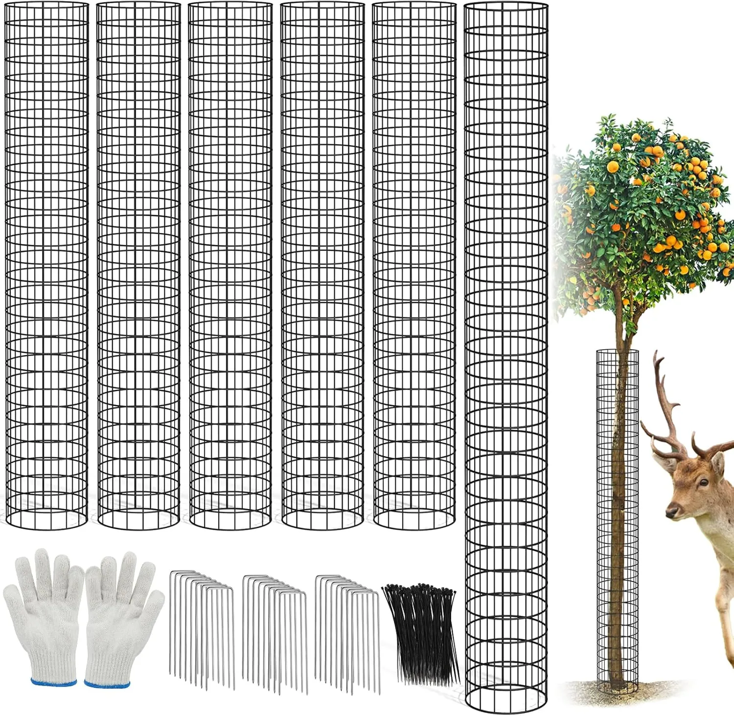 13.7"×47.2“ Mesh Tree Bark Protector, 6Pcs Flexible Net Tree Guard with 30 Pcs Ties, 1 Pair of Gloves, 16 Ground Stakes for Tree Protectors from Deer Mowers Trimmers