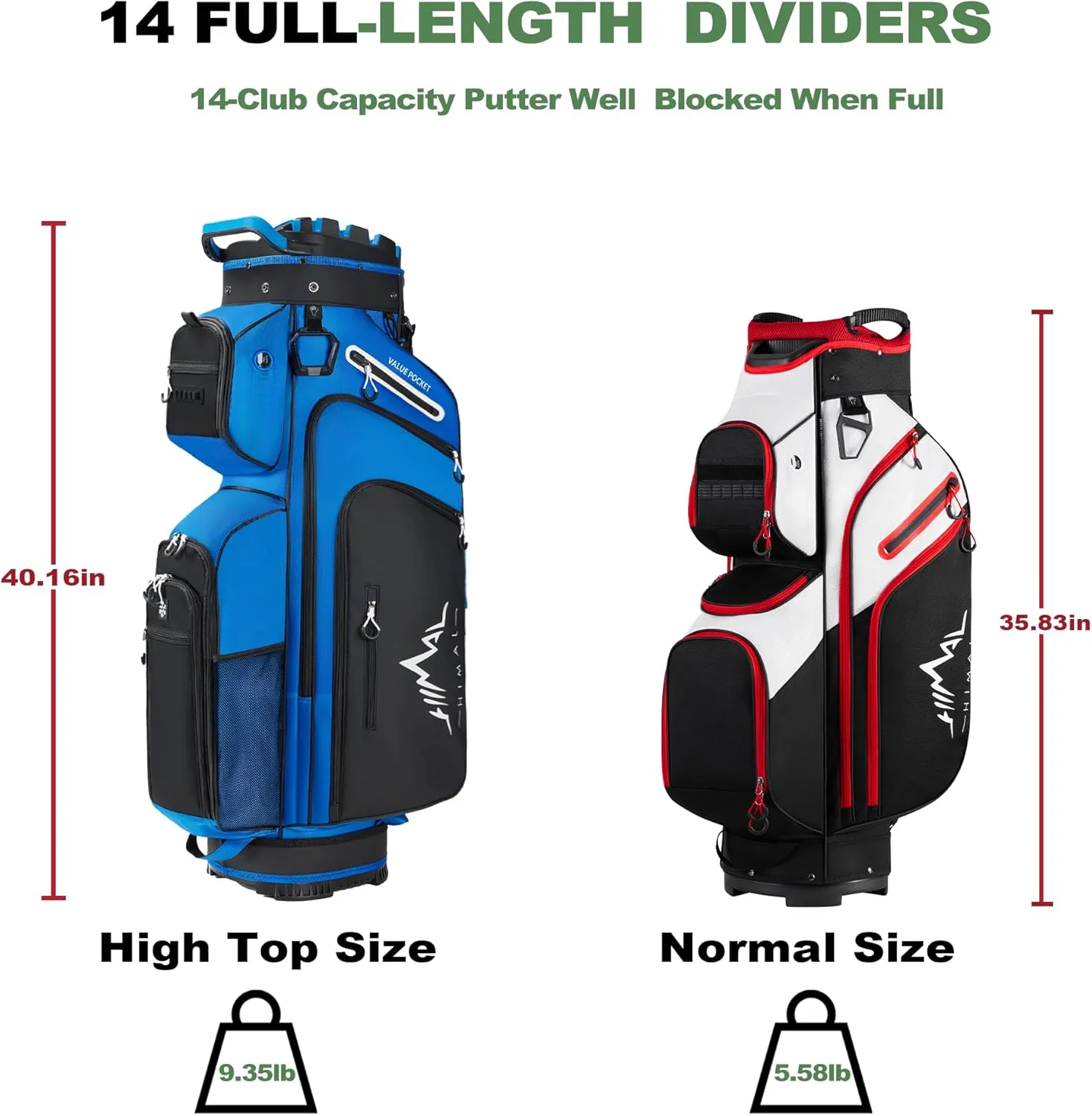 14-Way Golf Cart Bag, Premium Full Length Golf Bag for Men with Magnetic Leather Pocket, Handles and Rain Cover