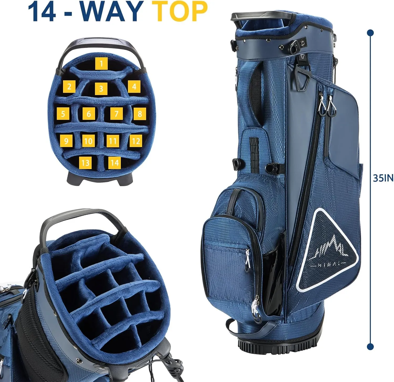 14-Way Golf Stand Bag, Full Length Premium PU Leather Golf Bag with Plush Top, Magnetic Pocket, Dual Strap and Rain Cover for Men