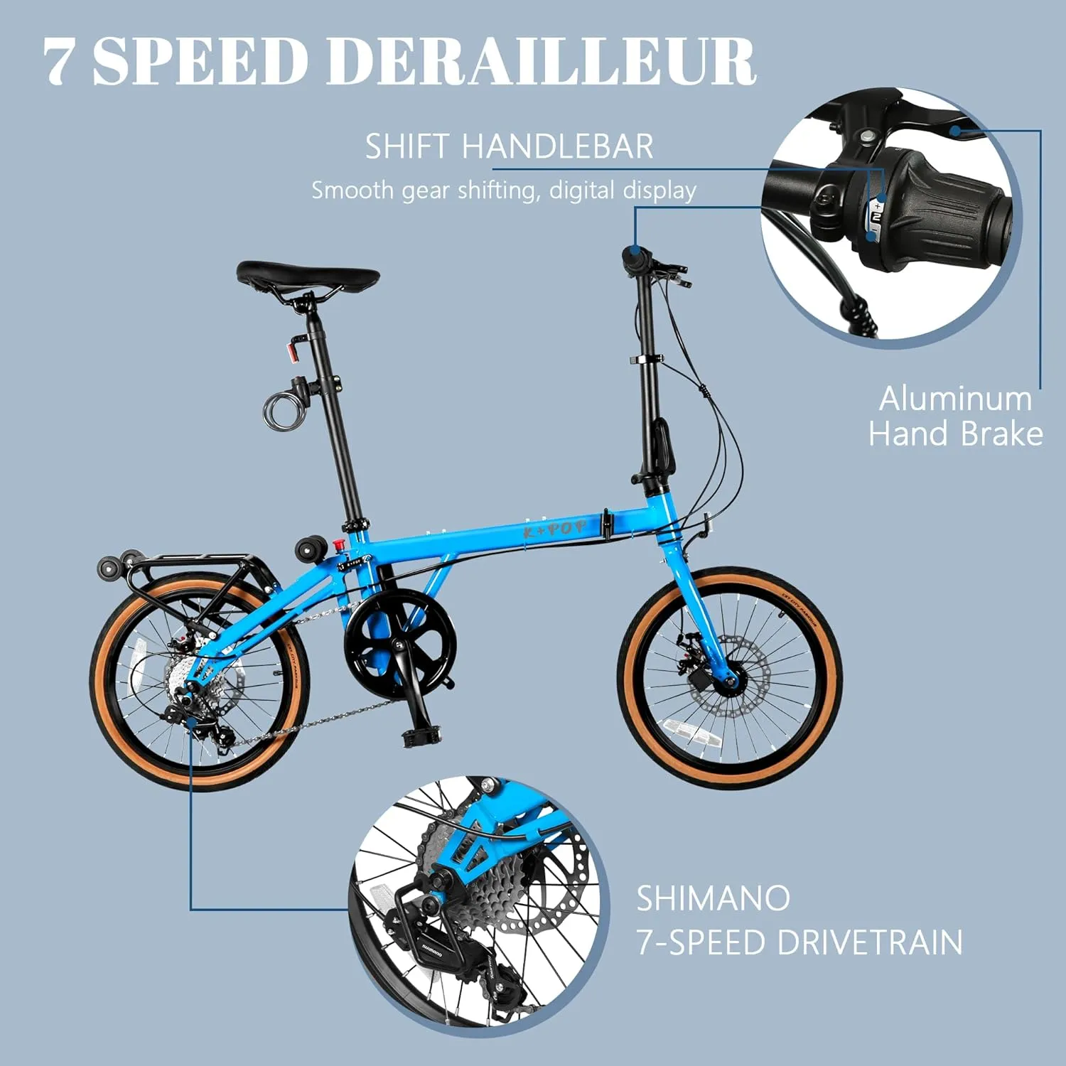 16” Folding Bike, Foldable City Bicycle with 7 Speed, Outdoor Beach Cruiser Bike for Adult,Adjustable Seat,Portable Compact Bicycle Urban Commuter Lightweight Bike for Women Men