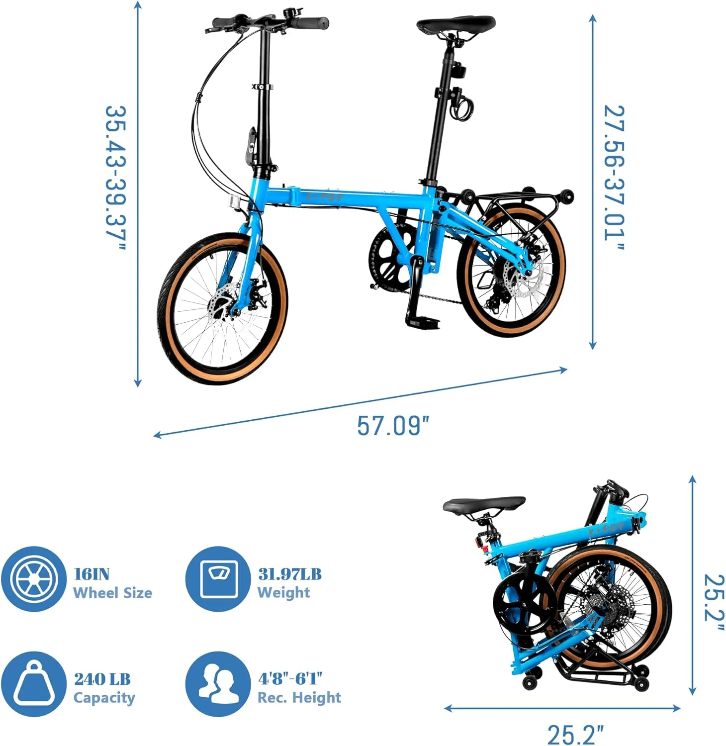 16” Folding Bike, Foldable City Bicycle with 7 Speed, Outdoor Beach Cruiser Bike for Adult,Adjustable Seat,Portable Compact Bicycle Urban Commuter Lightweight Bike for Women Men