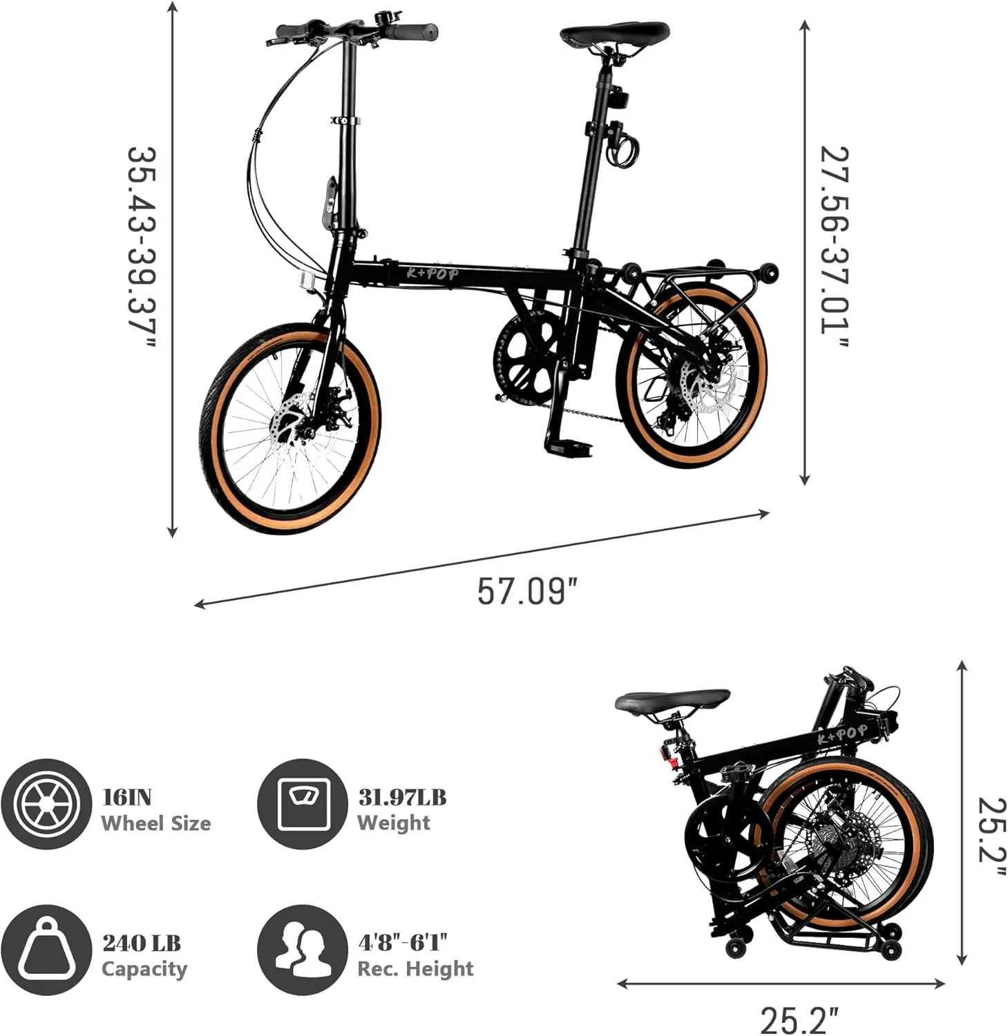 16” Folding Bike, Foldable City Bicycle with 7 Speed, Outdoor Beach Cruiser Bike for Adult,Adjustable Seat,Portable Compact Bicycle Urban Commuter Lightweight Bike for Women Men