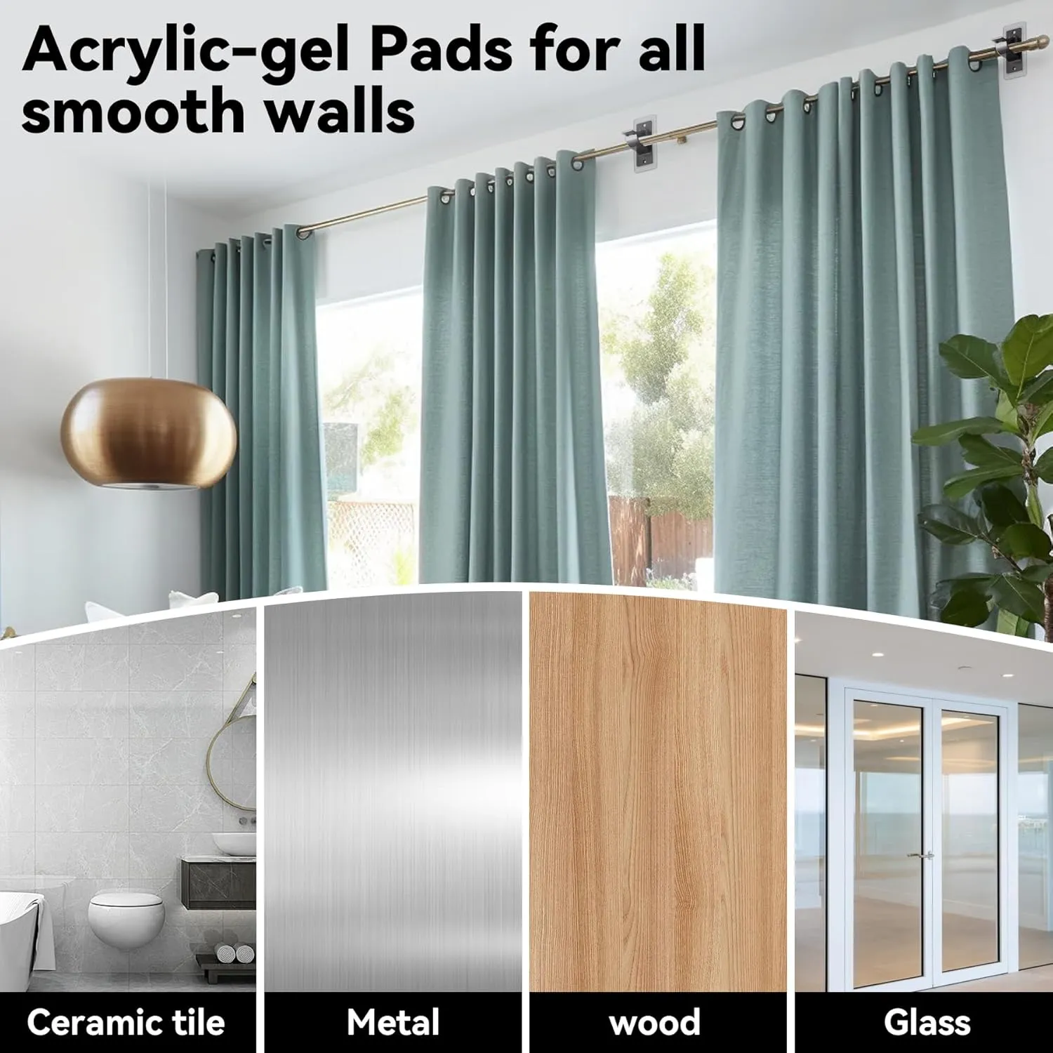 16PCS No Drill Curtain Rod Bracket, Self Adhesive Curtain Rod Holders, No Hole, Multipurpose Nail Free Curtain Rod Hooks for Bathroom Living Room Kitchen and Bedroom (Black)