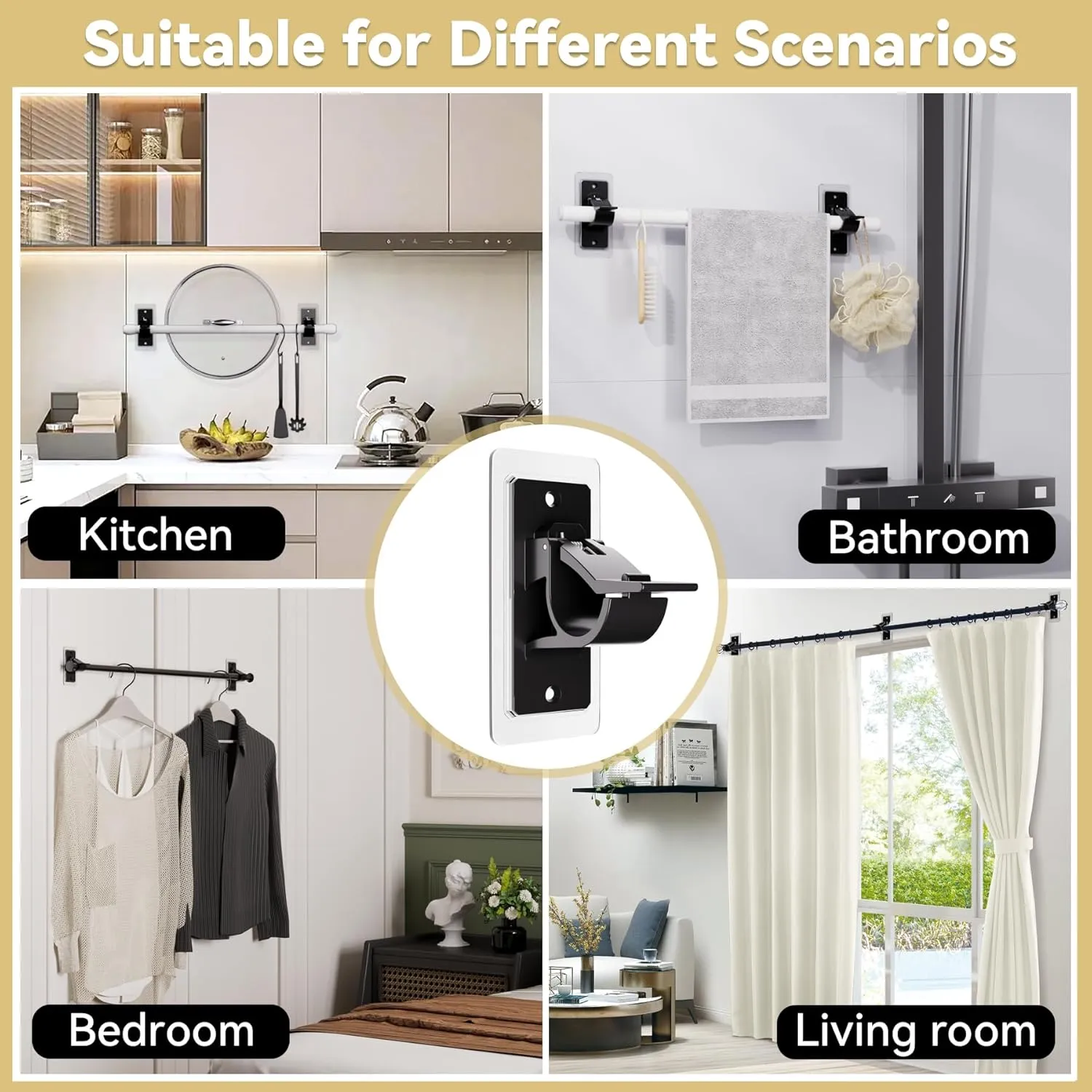 16PCS No Drill Curtain Rod Bracket, Self Adhesive Curtain Rod Holders, No Hole, Multipurpose Nail Free Curtain Rod Hooks for Bathroom Living Room Kitchen and Bedroom (Black)