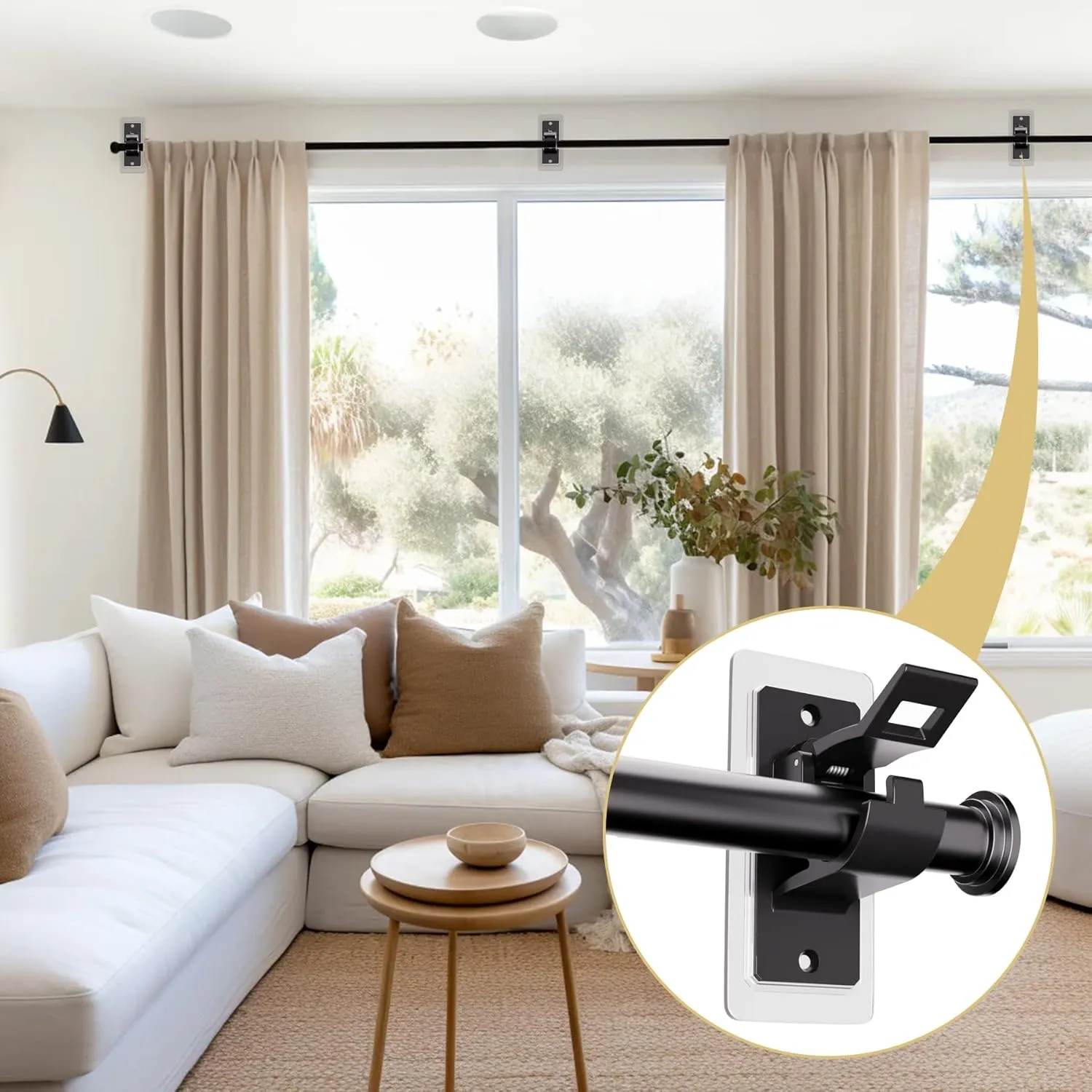 16PCS No Drill Curtain Rod Bracket, Self Adhesive Curtain Rod Holders, No Hole, Multipurpose Nail Free Curtain Rod Hooks for Bathroom Living Room Kitchen and Bedroom (Black)