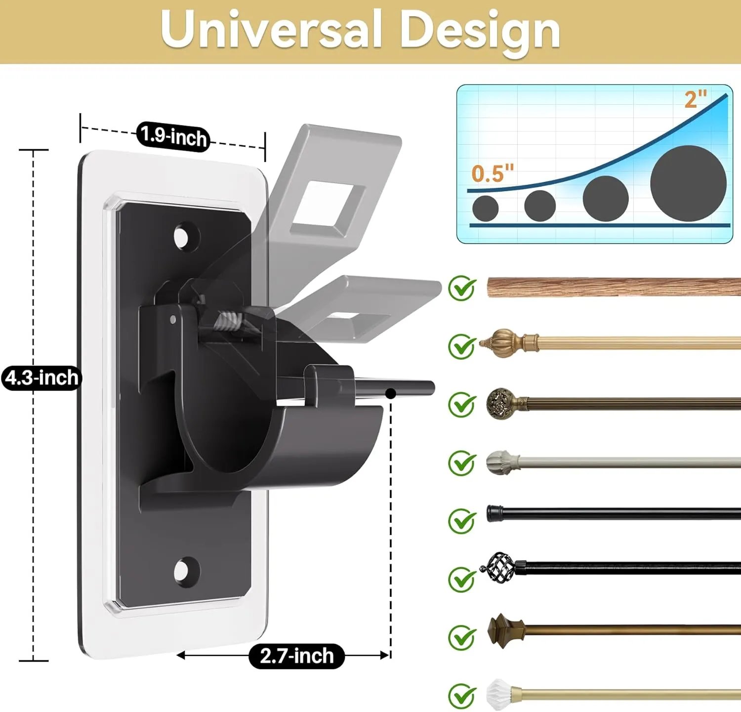 16PCS No Drill Curtain Rod Bracket, Self Adhesive Curtain Rod Holders, No Hole, Multipurpose Nail Free Curtain Rod Hooks for Bathroom Living Room Kitchen and Bedroom (Black)