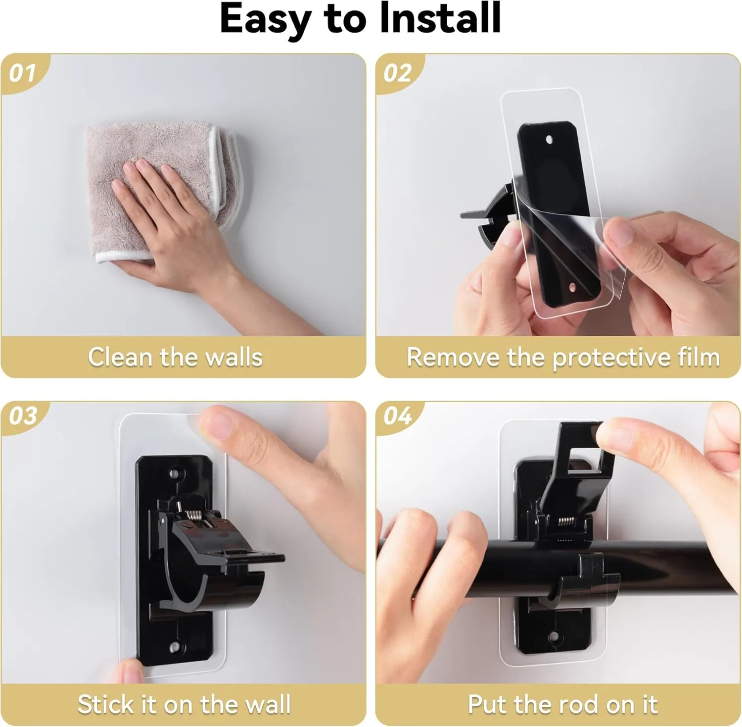 16PCS No Drill Curtain Rod Bracket, Self Adhesive Curtain Rod Holders, No Hole, Multipurpose Nail Free Curtain Rod Hooks for Bathroom Living Room Kitchen and Bedroom (Black)