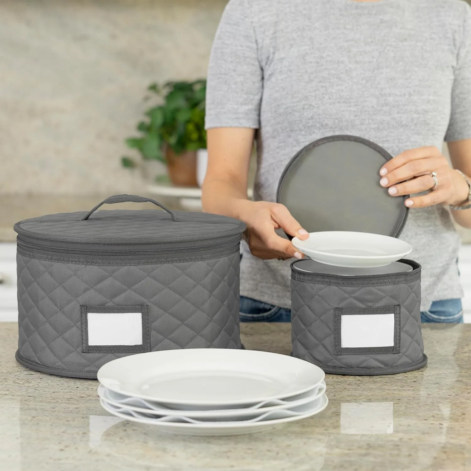 2 Pack - 7" Saucer Storage Case - China Storage Container - Stackable With Padded Interior to Store your Dinnerware Dishes - 24 Felt Dividers Included - Great for Small Plates, Bowls, Appetizer Plates