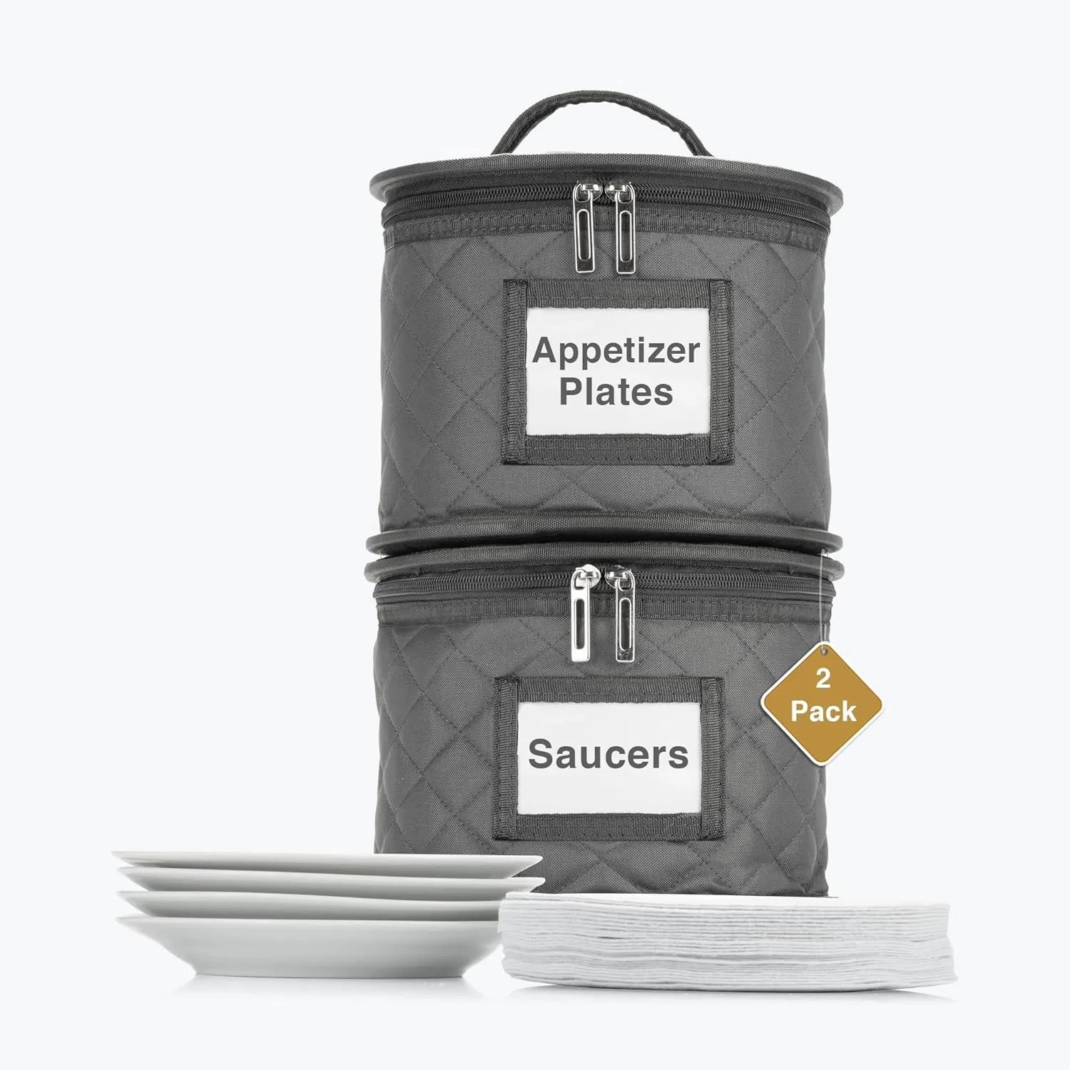 2 Pack - 7" Saucer Storage Case - China Storage Container - Stackable With Padded Interior to Store your Dinnerware Dishes - 24 Felt Dividers Included - Great for Small Plates, Bowls, Appetizer Plates