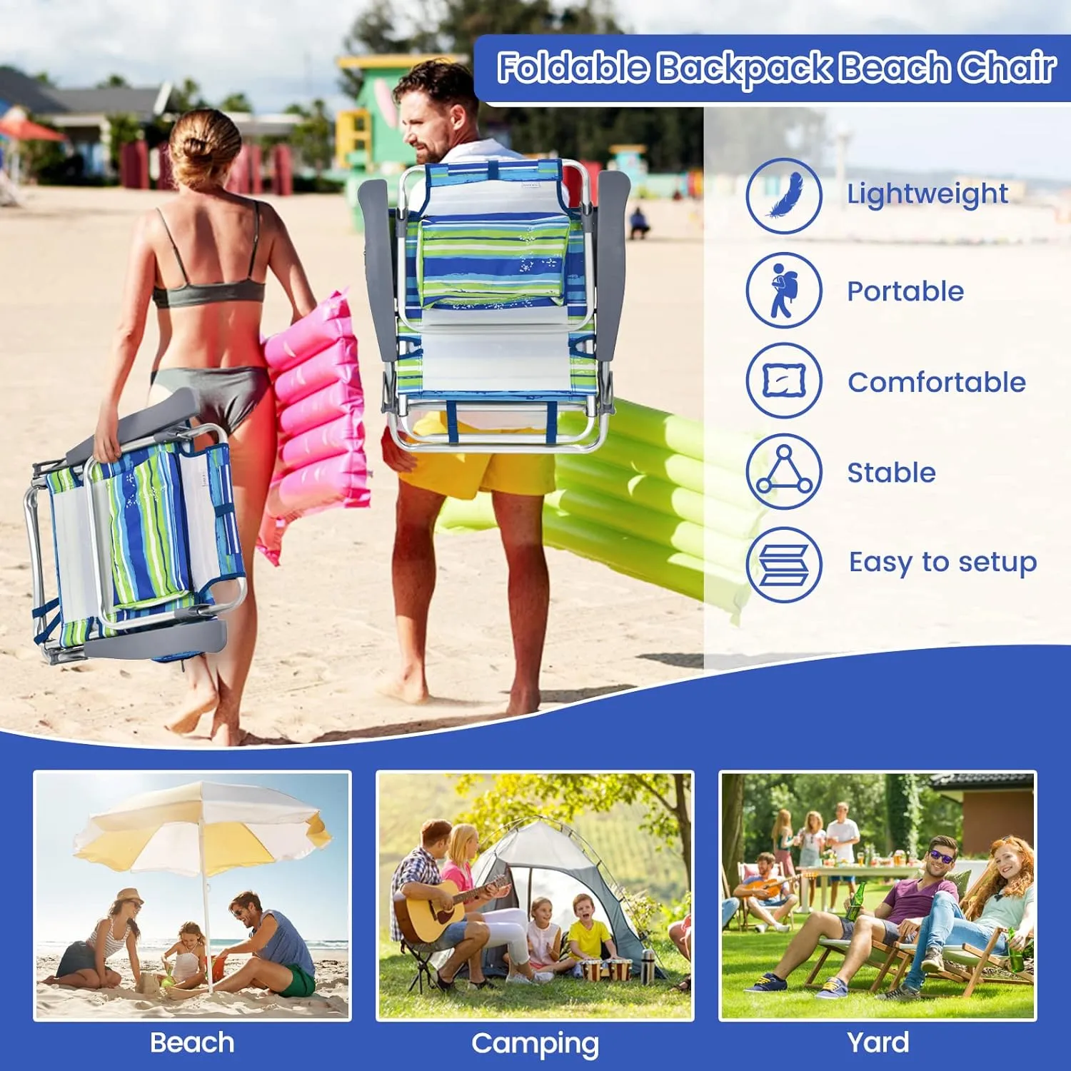 2-Pack Folding Beach Chairs, Outdoor Patio Lawn Lounger with 5 Adjustable Position, Cooler Pouch, Headrest & Accessories, Portable Camping Chairs for Outdoor Relaxation (1, Blue Stripe)