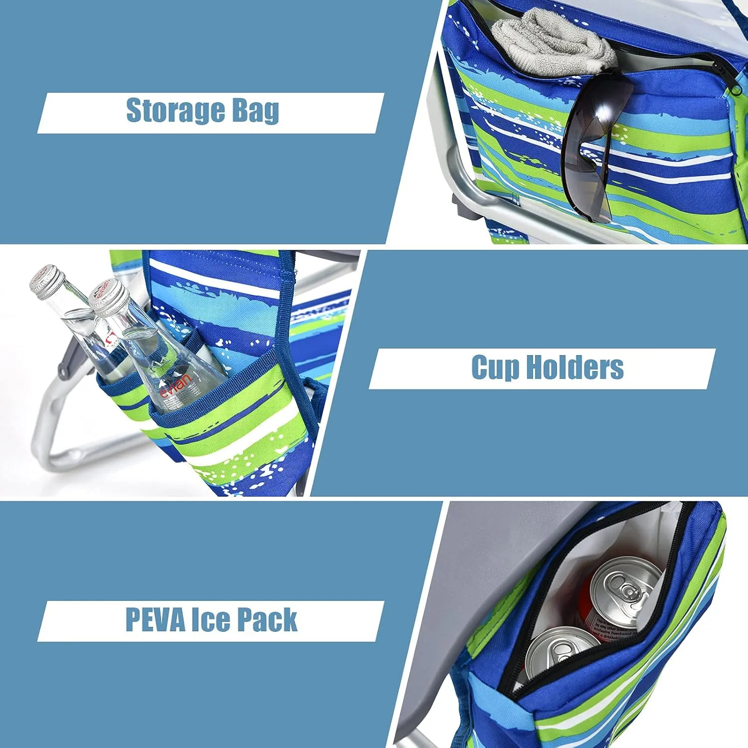 2-Pack Folding Beach Chairs, Outdoor Patio Lawn Lounger with 5 Adjustable Position, Cooler Pouch, Headrest & Accessories, Portable Camping Chairs for Outdoor Relaxation (1, Blue Stripe)