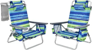 2-Pack Folding Beach Chairs, Outdoor Patio Lawn Lounger with 5 Adjustable Position, Cooler Pouch, Headrest & Accessories, Portable Camping Chairs for Outdoor Relaxation (1, Blue Stripe)