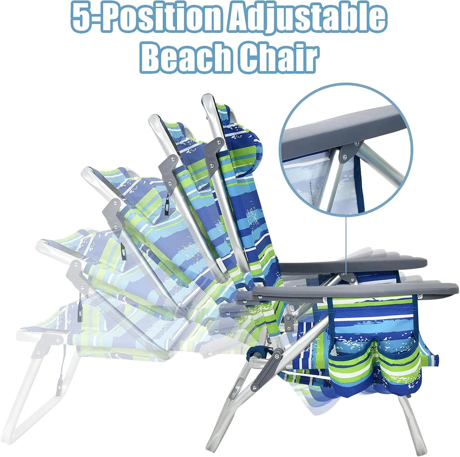 2-Pack Folding Beach Chairs, Outdoor Patio Lawn Lounger with 5 Adjustable Position, Cooler Pouch, Headrest & Accessories, Portable Camping Chairs for Outdoor Relaxation (1, Blue Stripe)