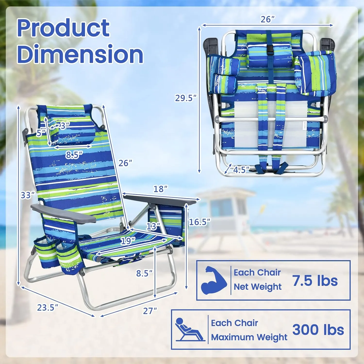 2-Pack Folding Beach Chairs, Outdoor Patio Lawn Lounger with 5 Adjustable Position, Cooler Pouch, Headrest & Accessories, Portable Camping Chairs for Outdoor Relaxation (1, Blue Stripe)