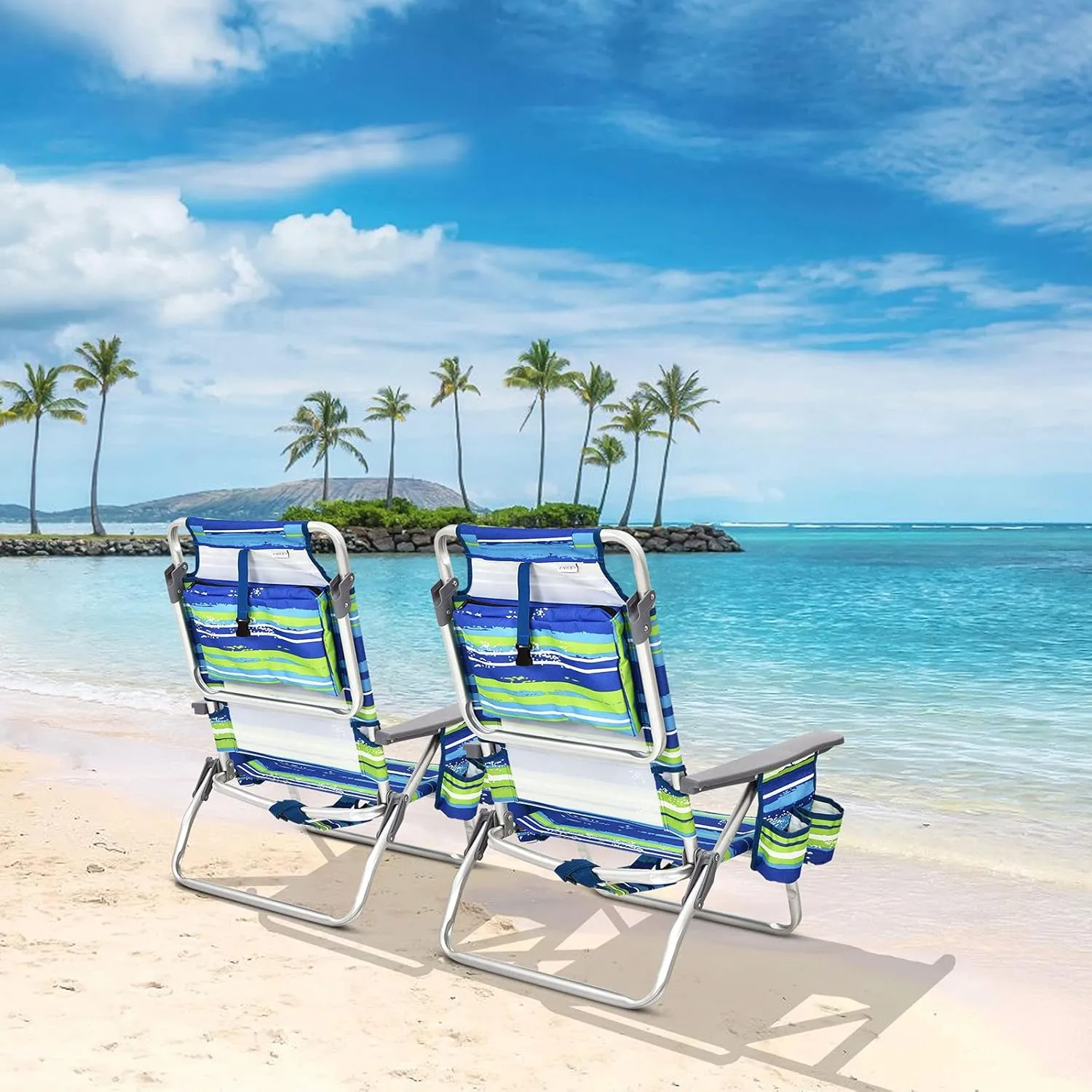 2-Pack Folding Beach Chairs, Outdoor Patio Lawn Lounger with 5 Adjustable Position, Cooler Pouch, Headrest & Accessories, Portable Camping Chairs for Outdoor Relaxation (1, Blue Stripe)