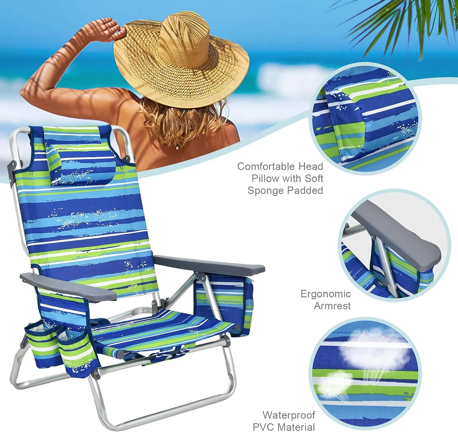 2-Pack Folding Beach Chairs, Outdoor Patio Lawn Lounger with 5 Adjustable Position, Cooler Pouch, Headrest & Accessories, Portable Camping Chairs for Outdoor Relaxation (1, Blue Stripe)