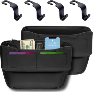 2 Pack Premium Leather Car Seat Gap Filler Organizer - Universal Fit Anti-Drop Storage with Card Slots, Center Console Organizer Accessories for SUV/Truck/Sedan, Men & Women (Black) with 4 Hook