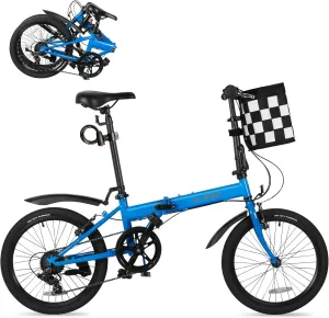 20 Inch Folding Bike for Adults, 7 Speed Foldable Bike with Basket, Lightweight Folding Bicycle with Adjustable Seat & Front and Rear V-Brakes