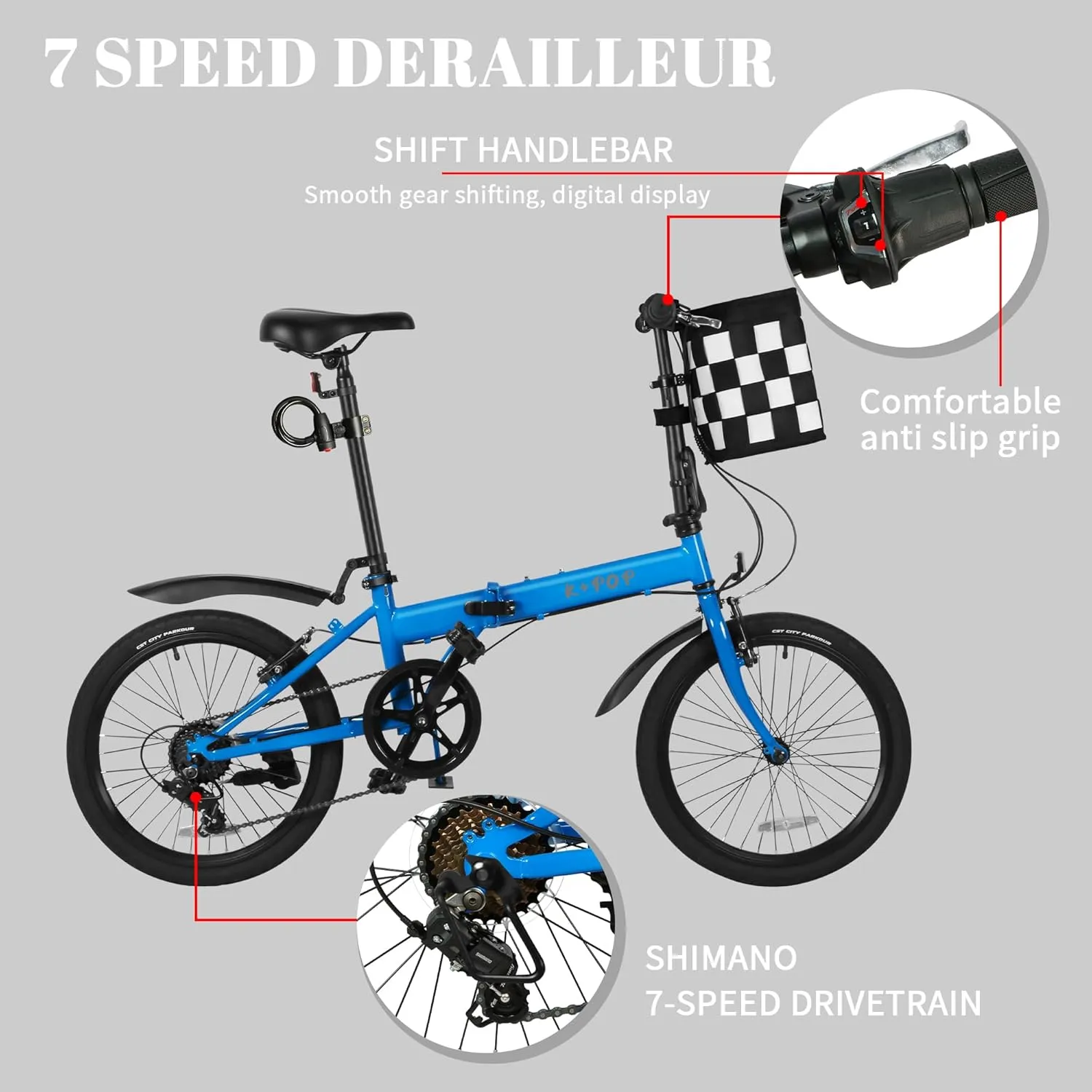 20 Inch Folding Bike for Adults, 7 Speed Foldable Bike with Basket, Lightweight Folding Bicycle with Adjustable Seat & Front and Rear V-Brakes
