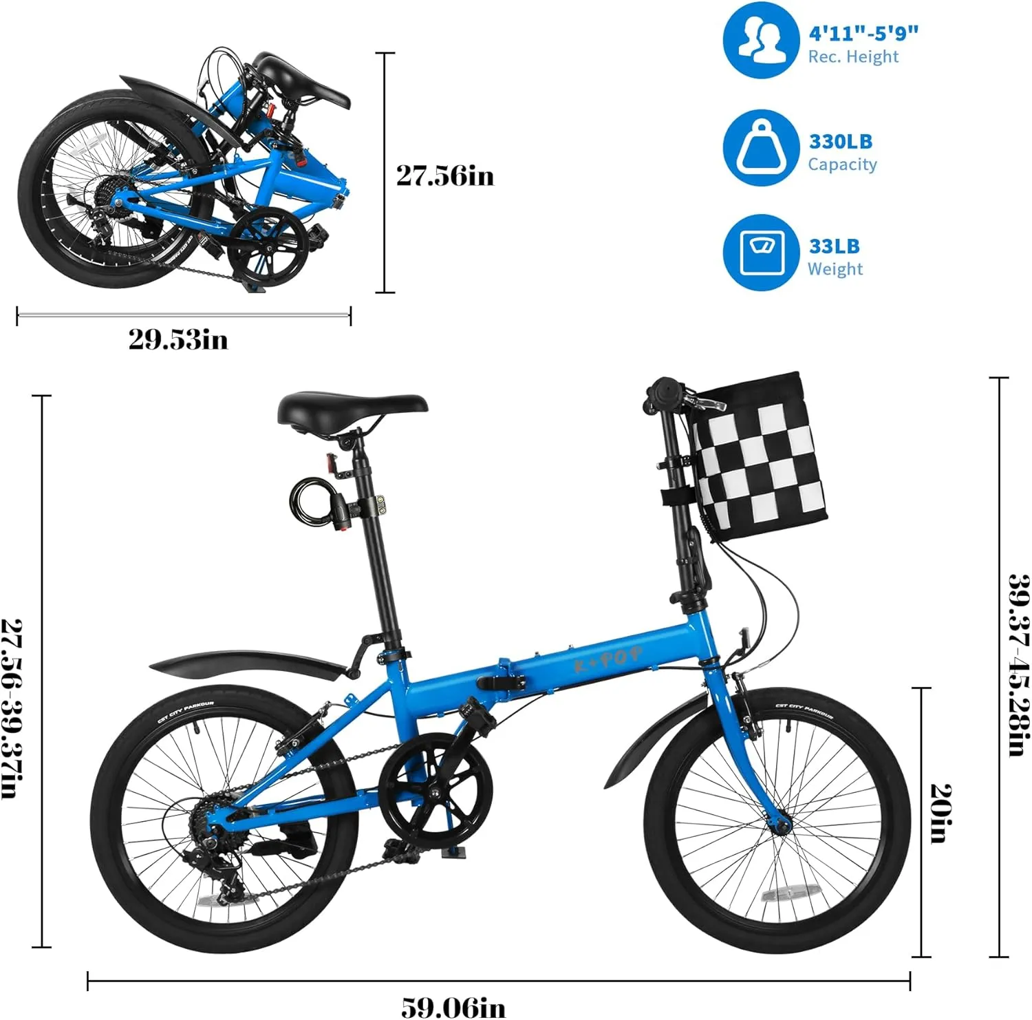 20 Inch Folding Bike for Adults, 7 Speed Foldable Bike with Basket, Lightweight Folding Bicycle with Adjustable Seat & Front and Rear V-Brakes