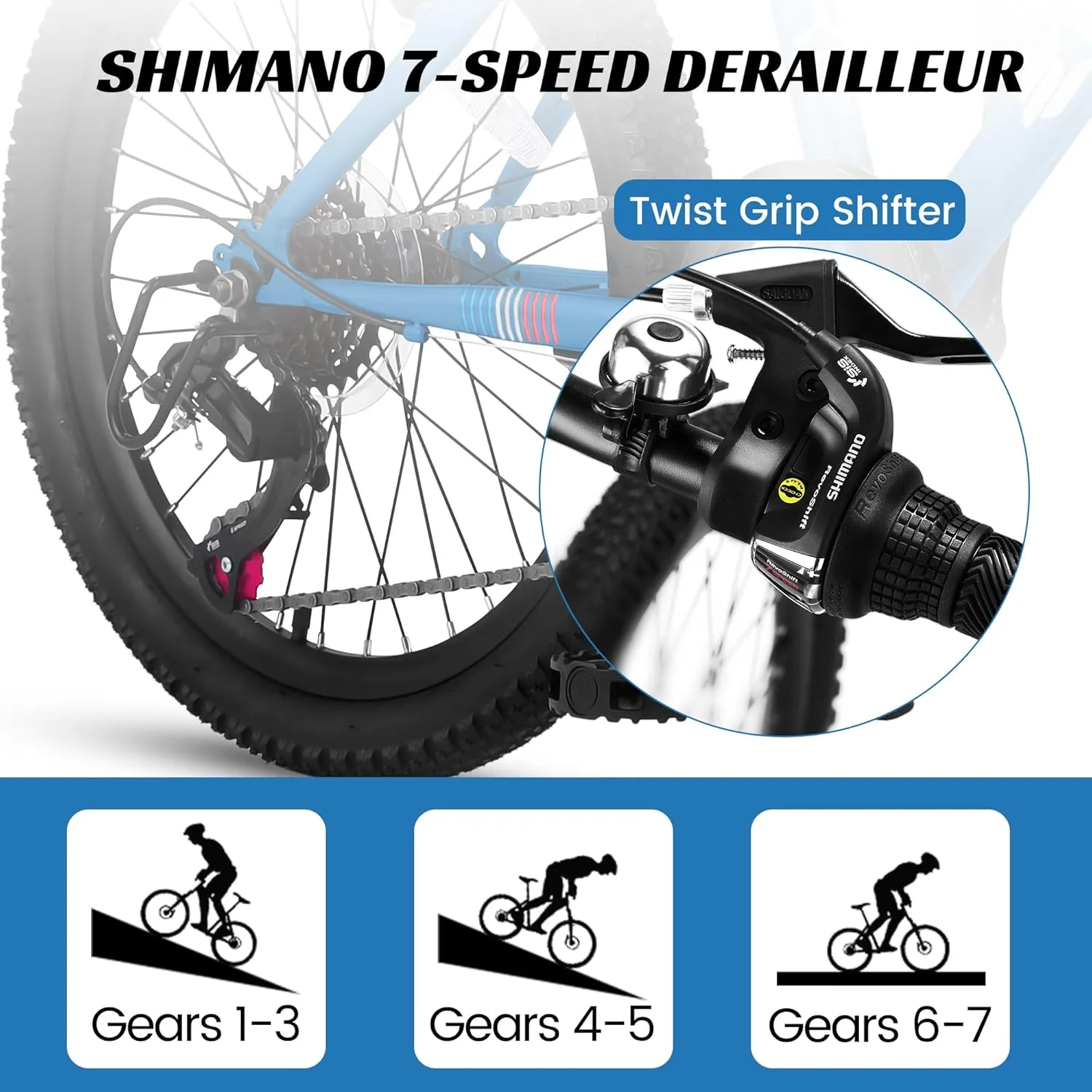 20 Inch Kids' Mountain Bike Ages 5-10, 7-Speed Children's Day Gifts Bicycles for Boys Girls Present, Outdoor Cycling City Bikes