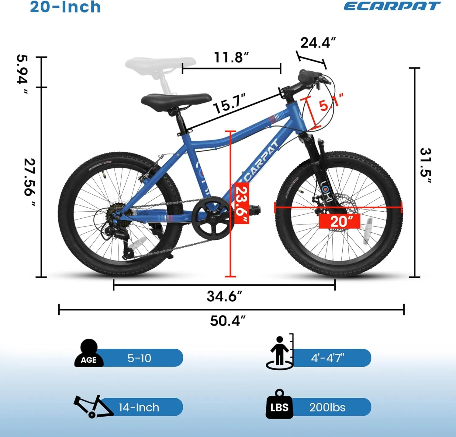 20 Inch Kids' Mountain Bike Ages 5-10, 7-Speed Children's Day Gifts Bicycles for Boys Girls Present, Outdoor Cycling City Bikes