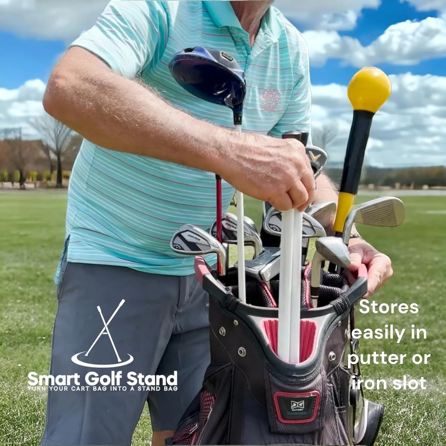 2.0: with STEEL ROPE CORD Black SMART GOLF Bag STAND Attachment Foldable Legs Only, Easy to Carry Lightweight Golf Stand, Attachable Golf Bag Accessories, Black-Aluminum