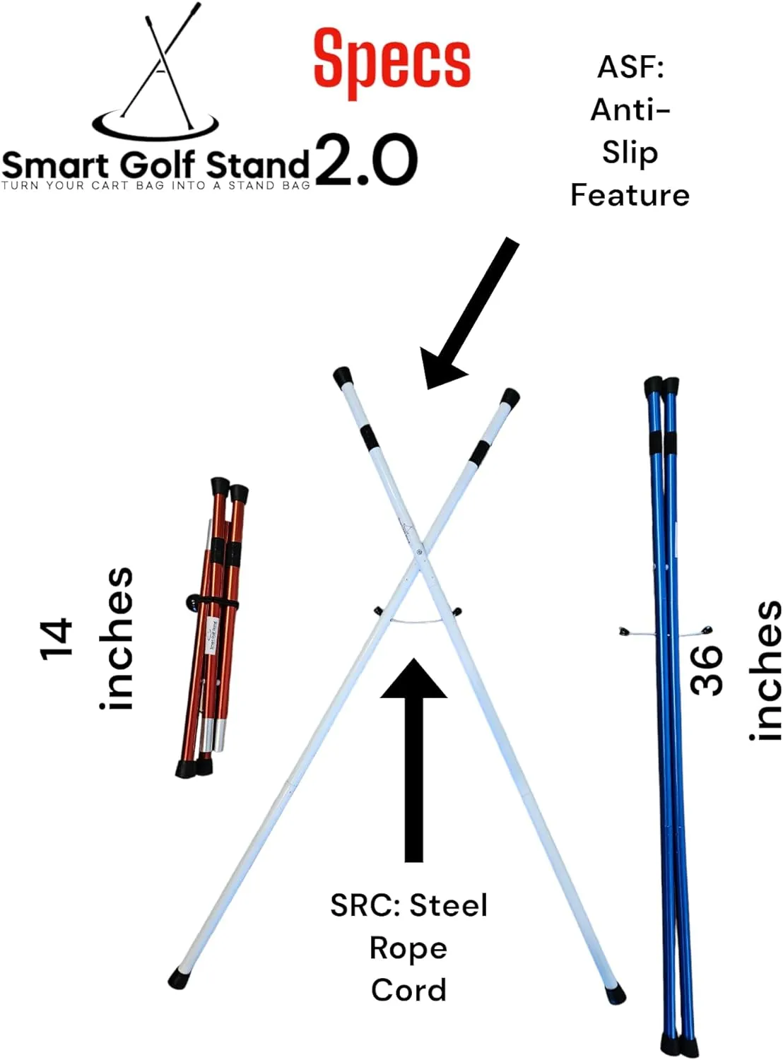 2.0: with STEEL ROPE CORD Black SMART GOLF Bag STAND Attachment Foldable Legs Only, Easy to Carry Lightweight Golf Stand, Attachable Golf Bag Accessories, Black-Aluminum