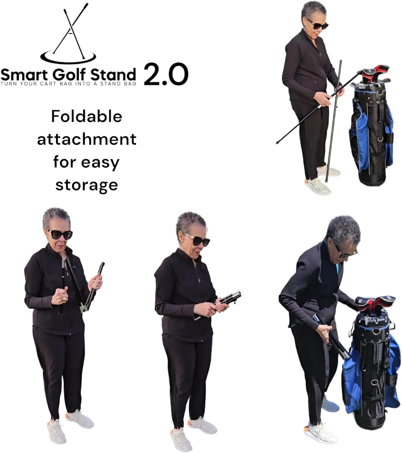 2.0: with STEEL ROPE CORD Black SMART GOLF Bag STAND Attachment Foldable Legs Only, Easy to Carry Lightweight Golf Stand, Attachable Golf Bag Accessories, Black-Aluminum