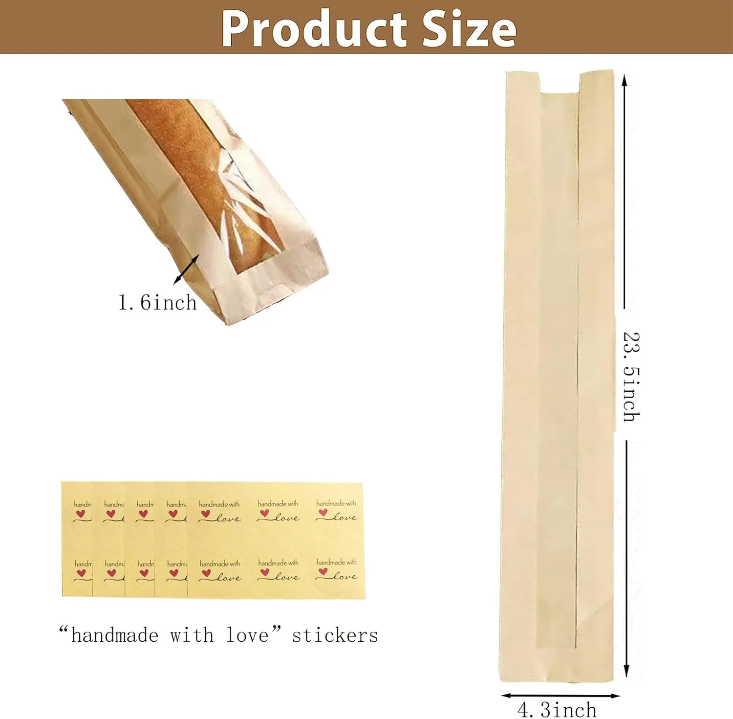 200 Pieces Baguette Bags,Kraft Paper Long French Bread Bags for Homemade Bread with Clear Front Window(23.5 x 4.3 x 1.6 Inch)