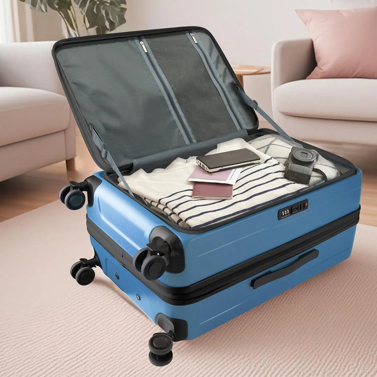 24-inch Top Opening Luggage with 360° Silent Wheels, TSA Lock, Collapsible Cup Holder & Bag Hook - Lightweight Hardshell Suitcase for Business Travel & Vacation(Blue)