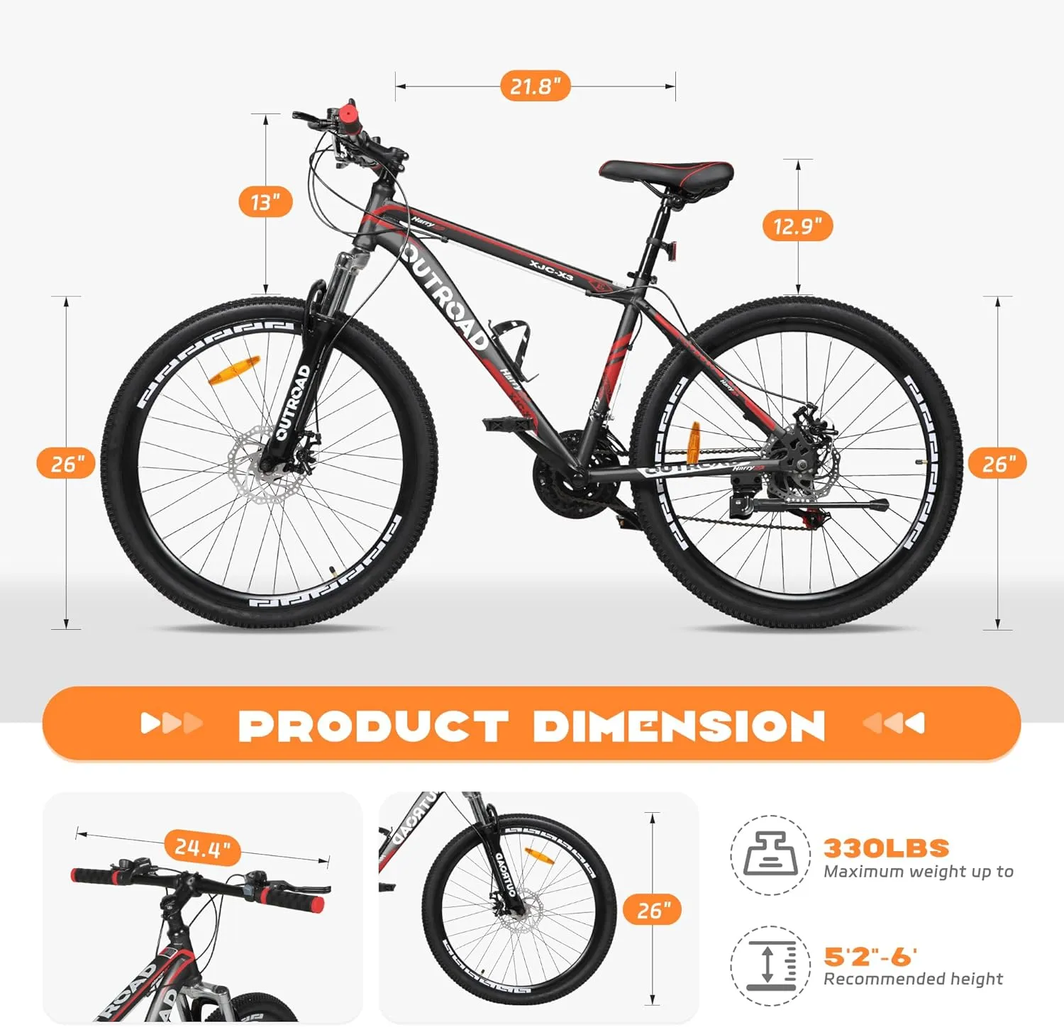 26 Inch Mountain Bike, Aluminum Frame, 21-Speed Dual Disc Brake Bicycle with Lock-Out Suspension Fork, Nomal Wheels Bicycles for Men and Women